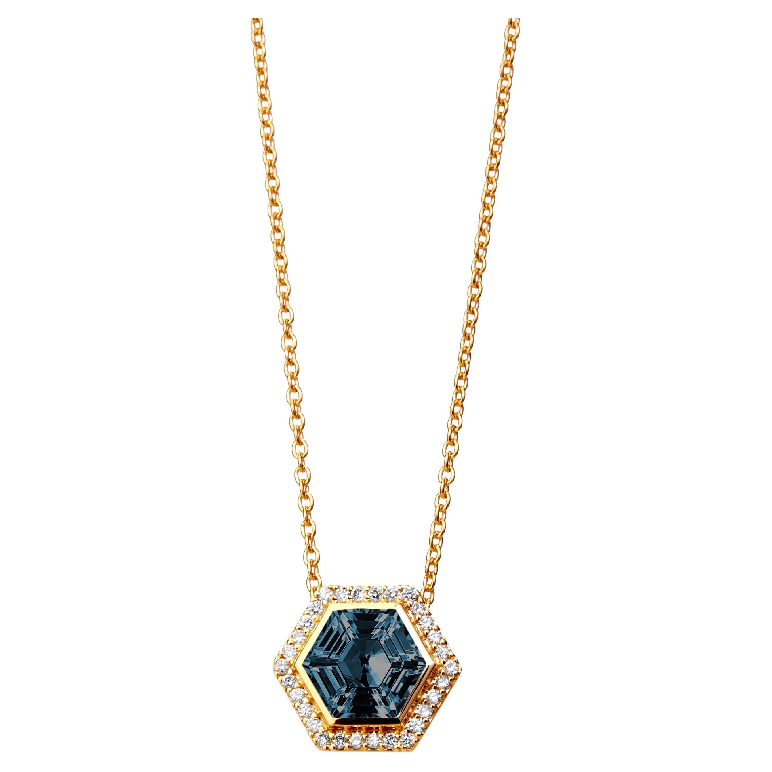 Syna Yellow Gold London Blue Topaz Hex Necklace with Diamonds For Sale