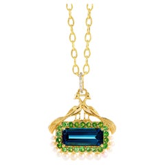 Syna Yellow Gold London Blue Topaz Pendant with Pearls and Diamonds