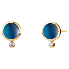 Syna Yellow Gold London Blue Topaz Studs with Champagne Diamonds
