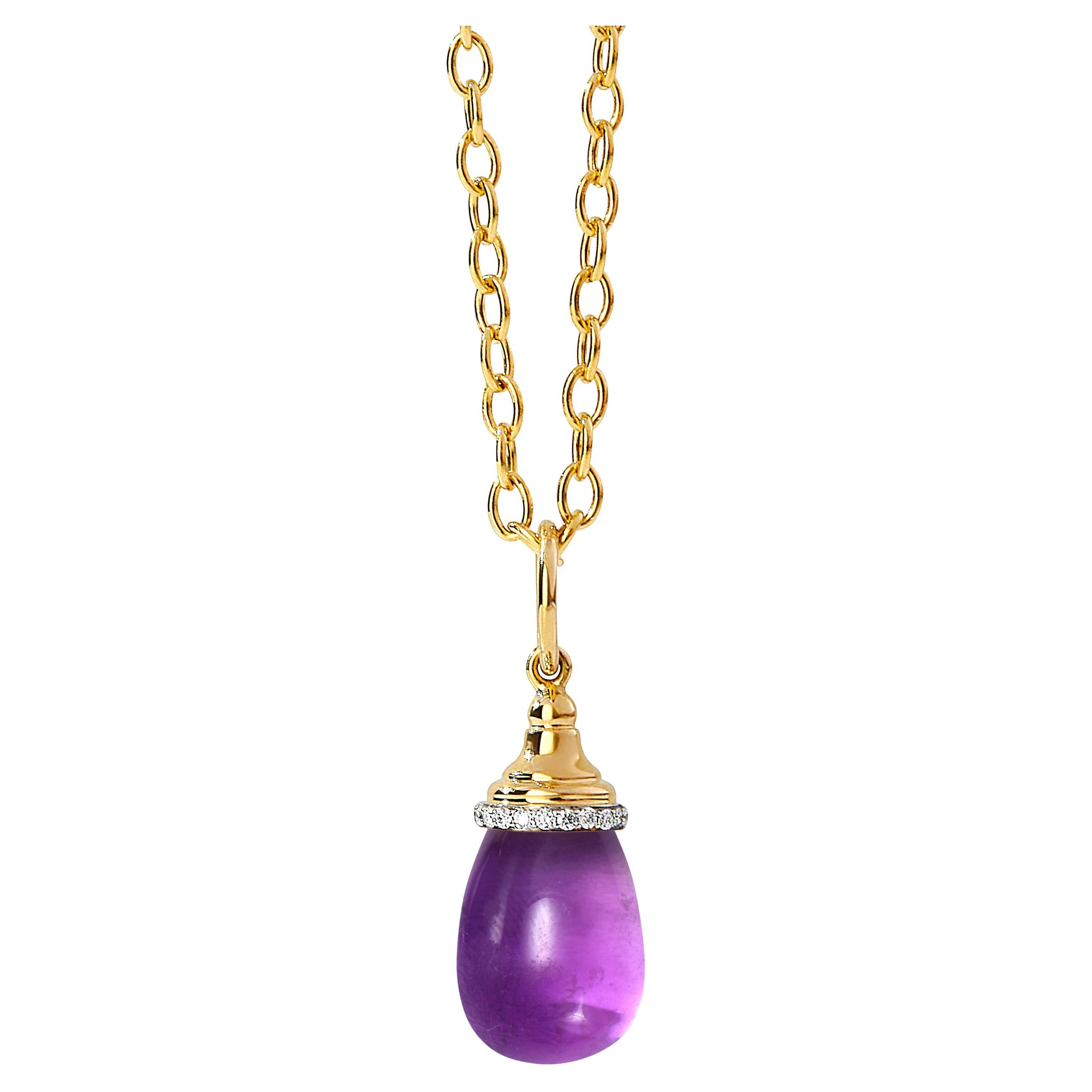 Syna Yellow Gold Mini Amethyst Drop Pendant with Diamonds For Sale