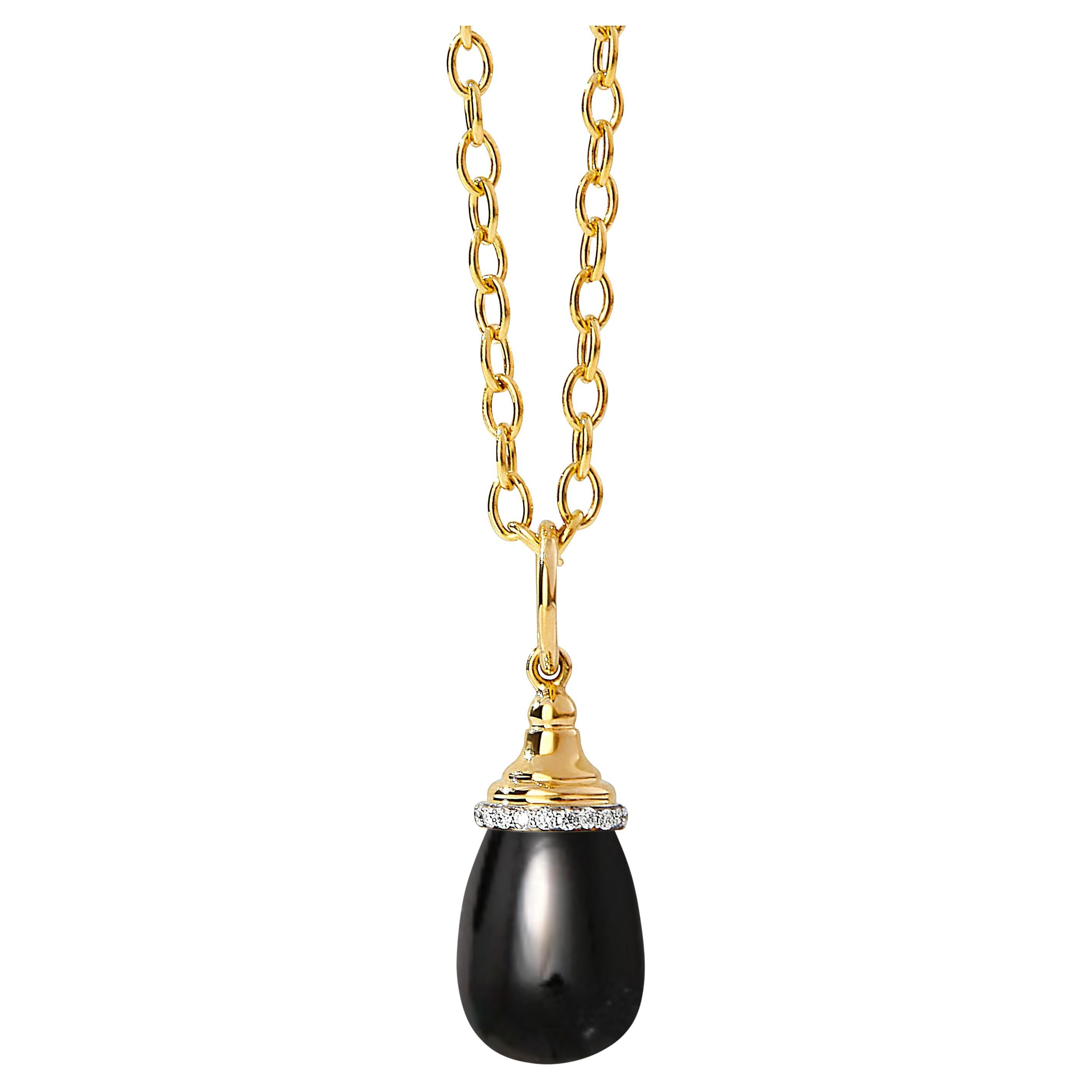 Syna Yellow Gold Mini Black Onyx Drop Pendant with Diamonds For Sale