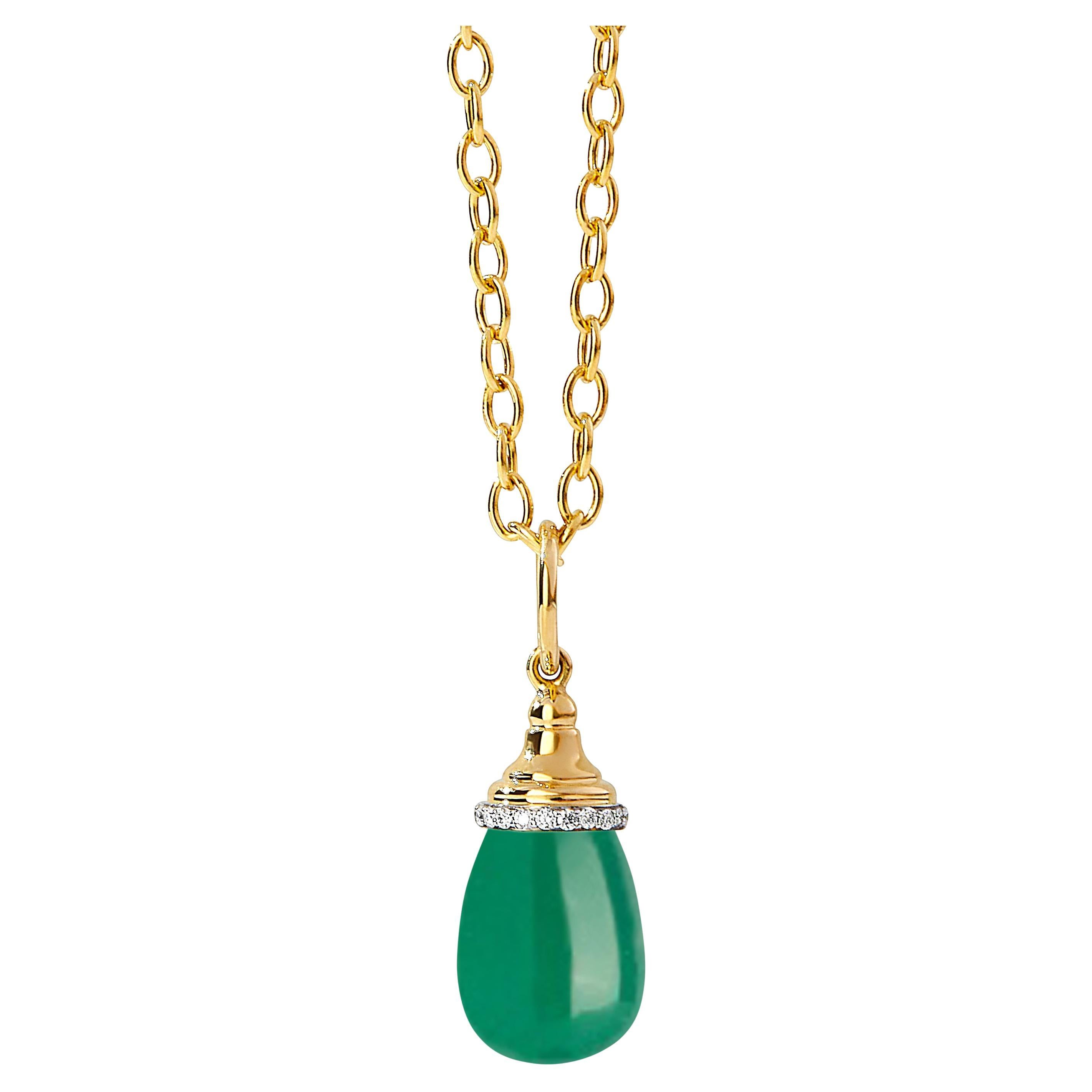 Syna Yellow Gold Mini Green Chalcedony Drop Pendant with Diamonds For Sale