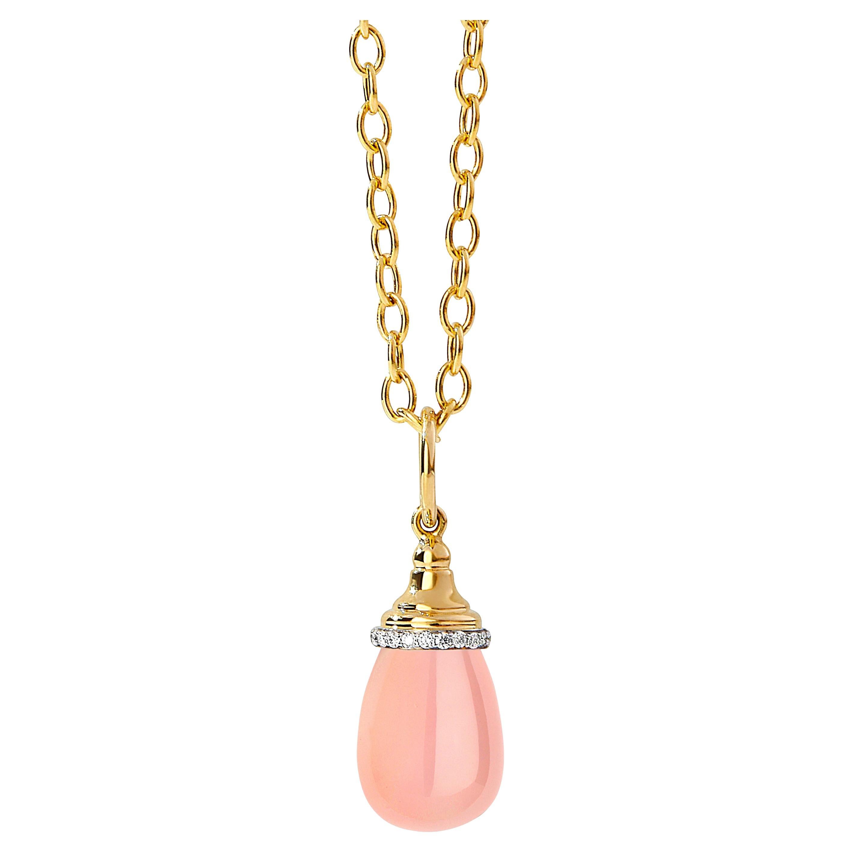 Syna Yellow Gold Mini Pink Chalcedony Drop Pendant with Diamonds