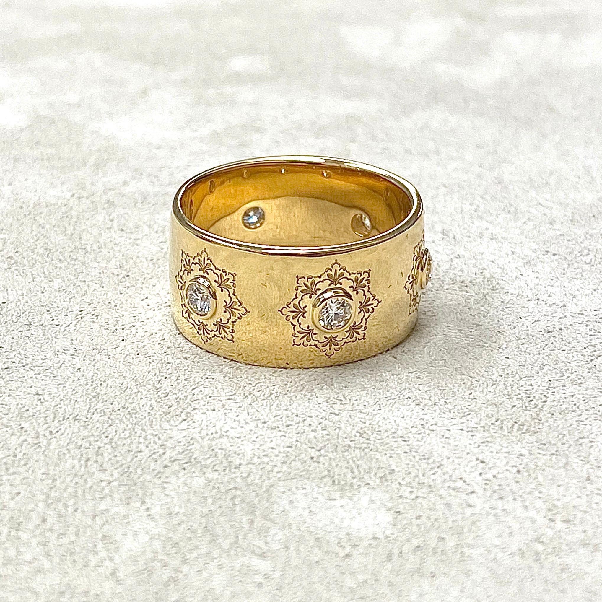 Created in 18 karat yellow gold
Diamonds 0.35 ct approx
Hand engraving
Band size US 7.5 
Limited edition

Exquisitely crafted with 18 karat yellow gold, this limited edition ring features a hand-engraved band of US size 7.5 and radiates with the