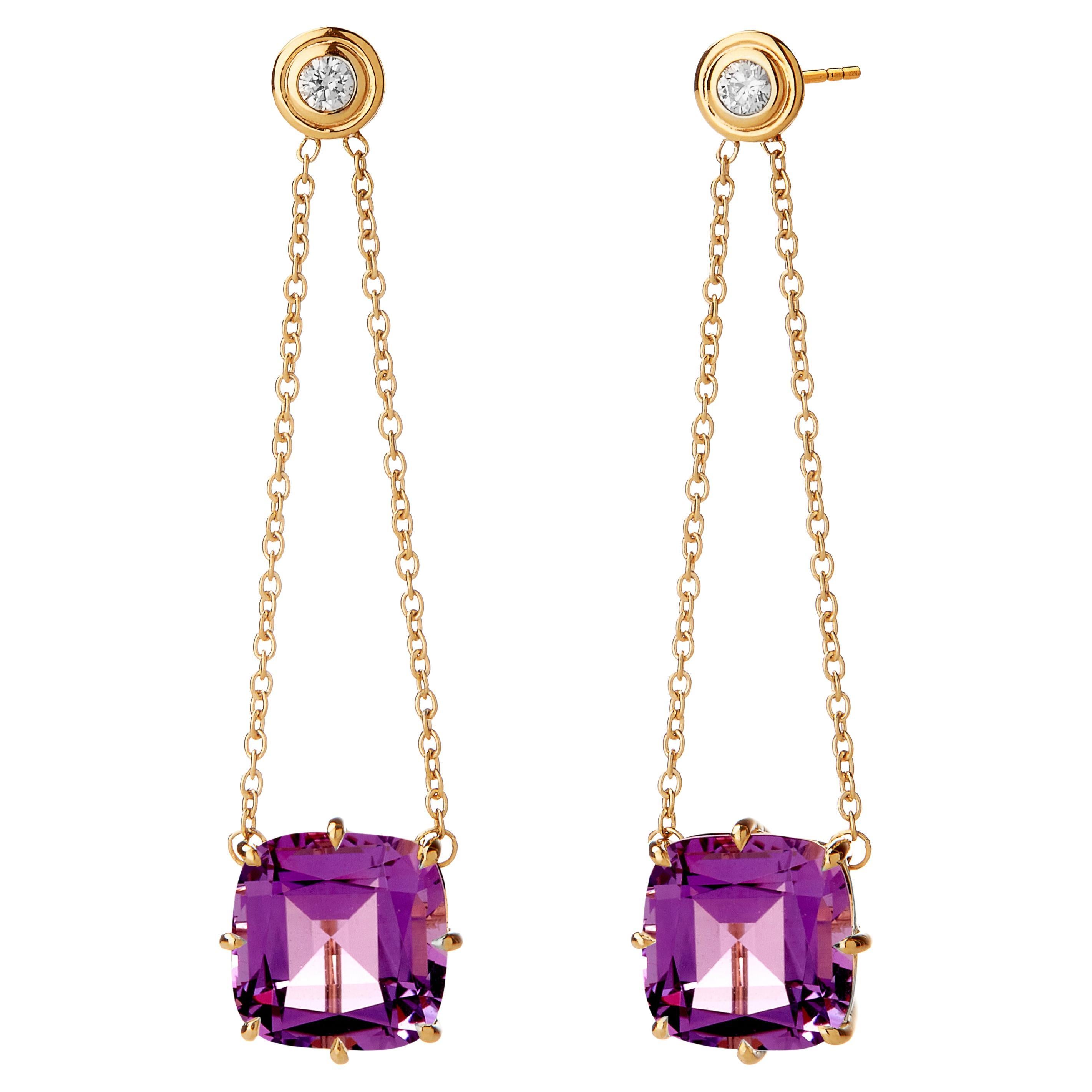 Syna Yellow Gold Mogul Chain Earrings with Amethyst and Diamonds For Sale