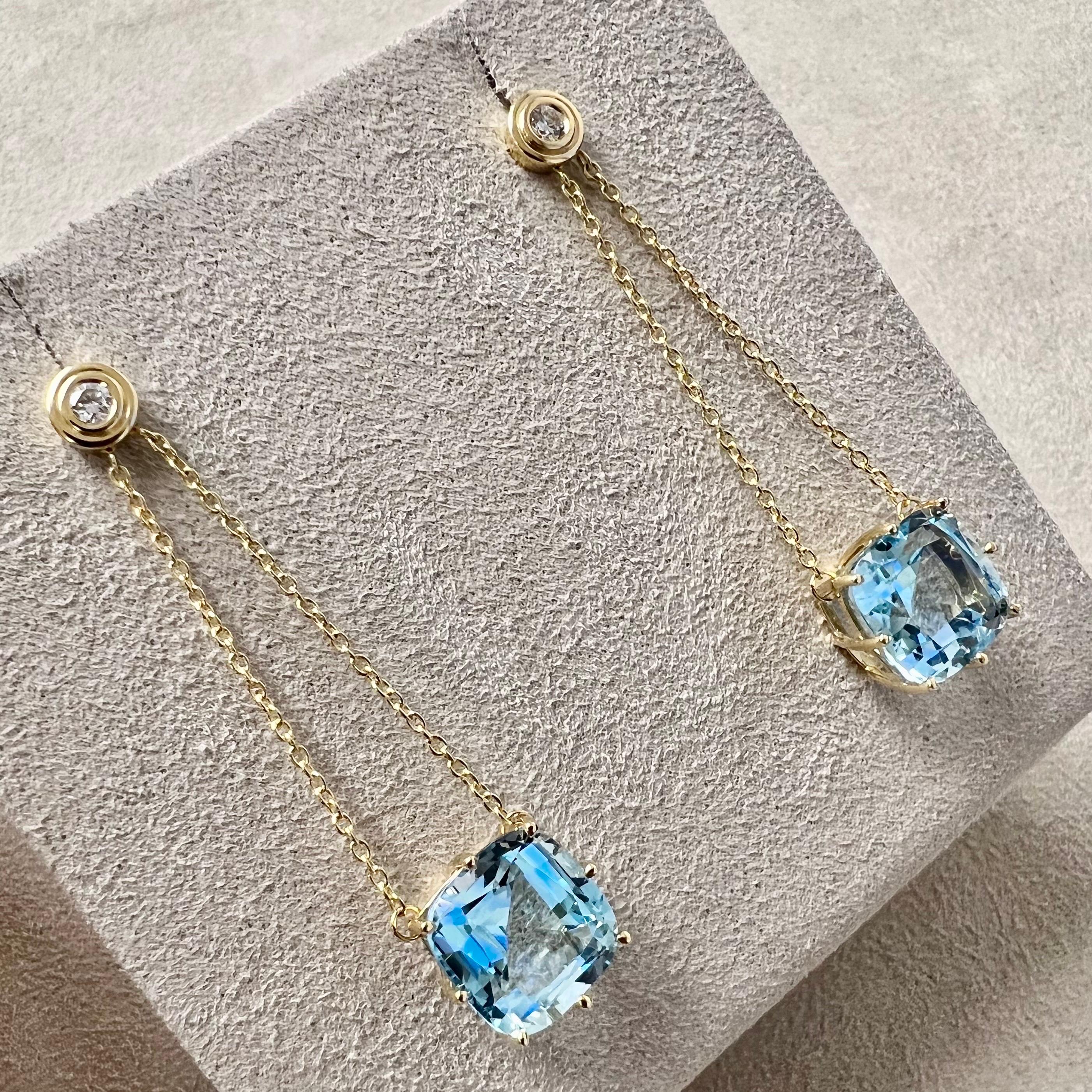 Contemporary Syna Yellow Gold Mogul Chain Earrings with Blue Topaz and Champagne Diamonds For Sale