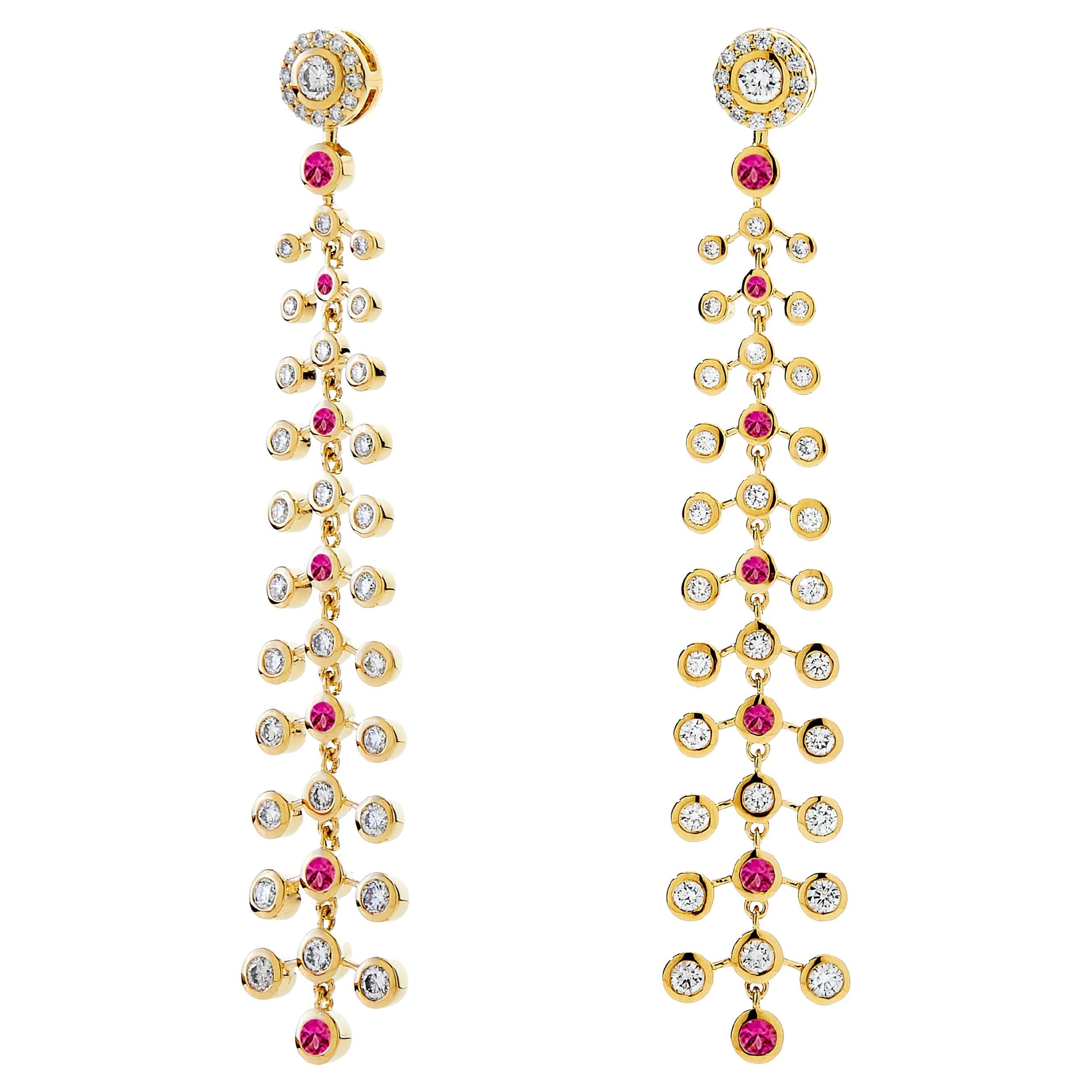 Syna Yellow Gold Mogul Chandelier Earrings with Rubies and Diamonds For Sale
