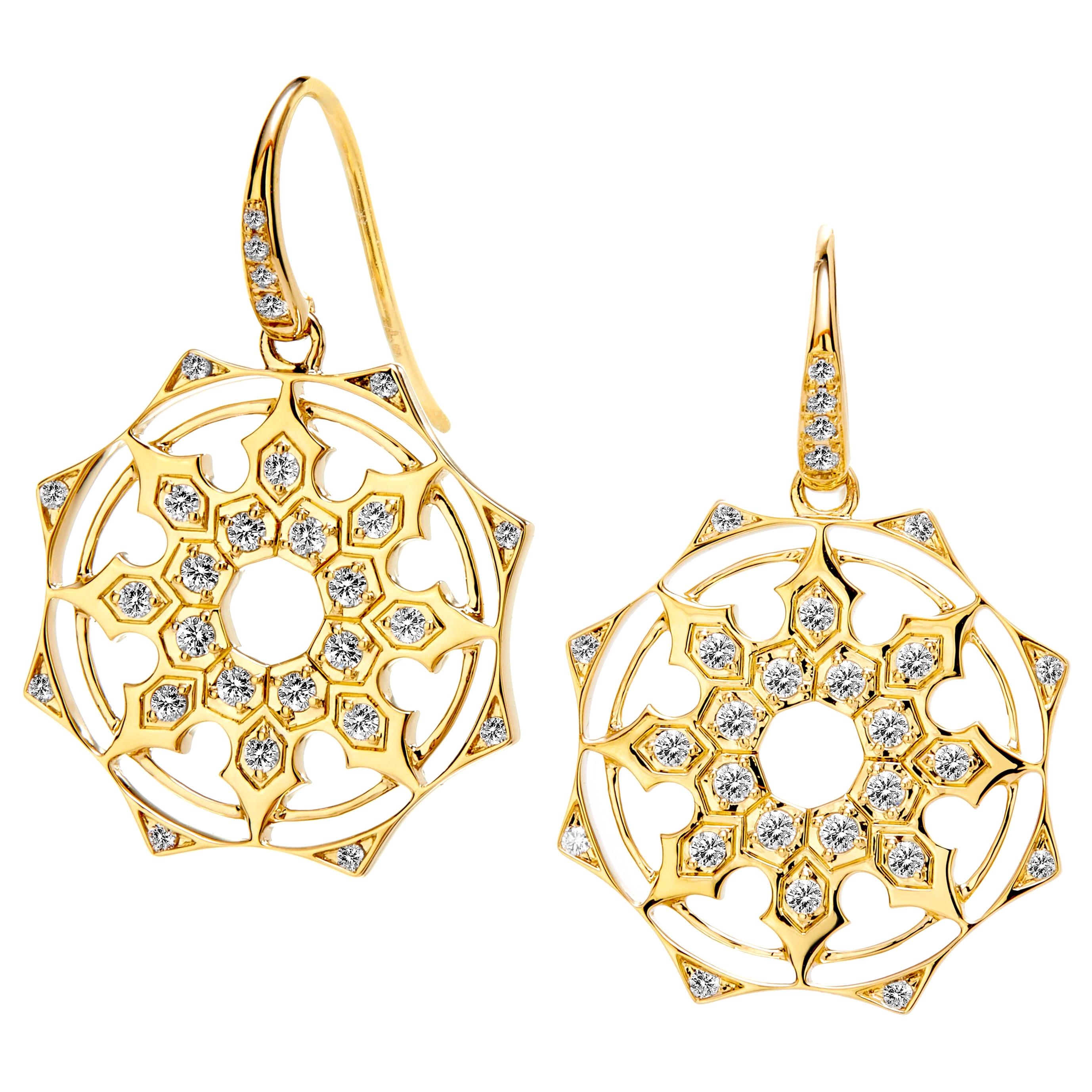 Syna Yellow Gold Mogul Earrings with Diamonds For Sale