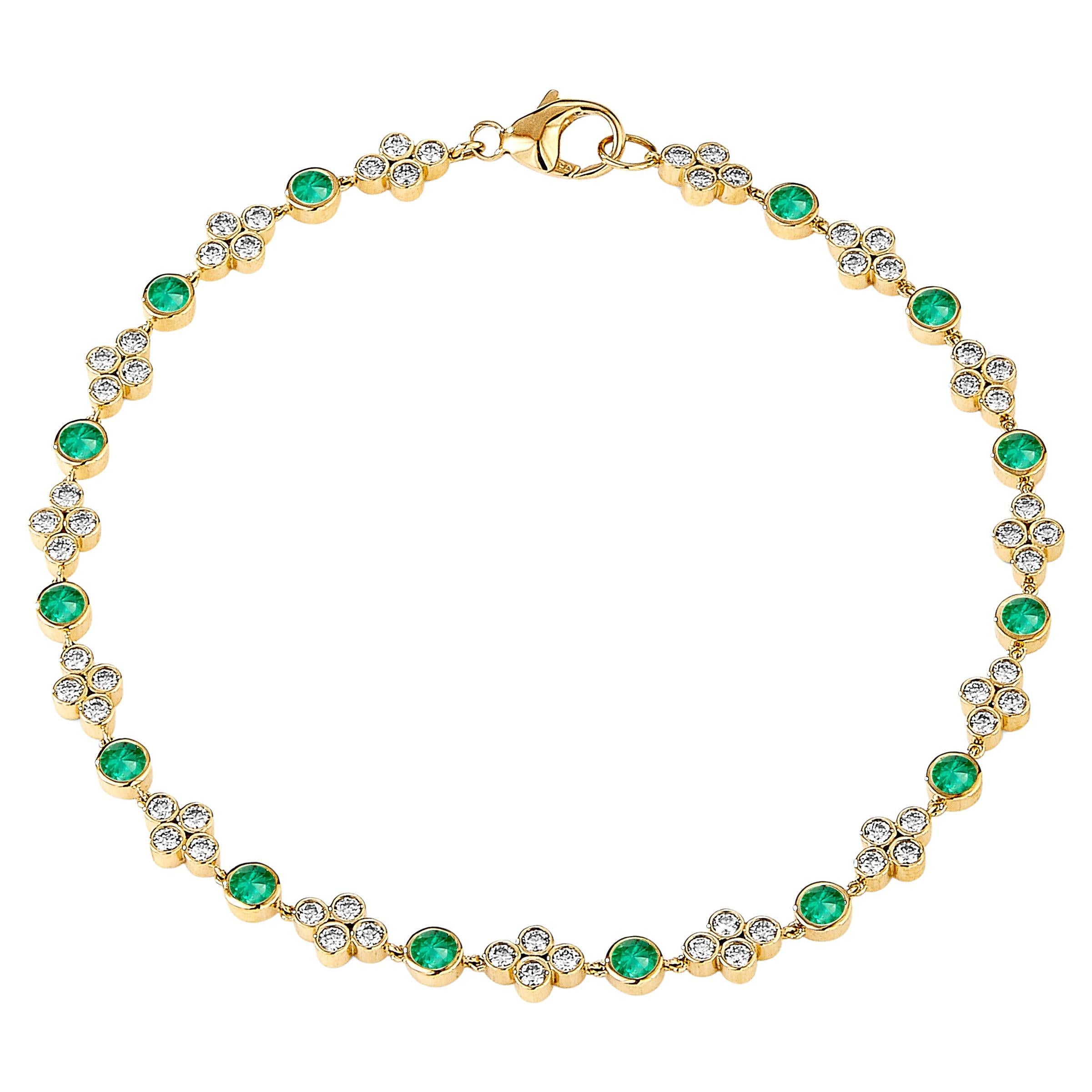 Syna Yellow Gold Mogul Emeralds and Diamonds Bracelet For Sale