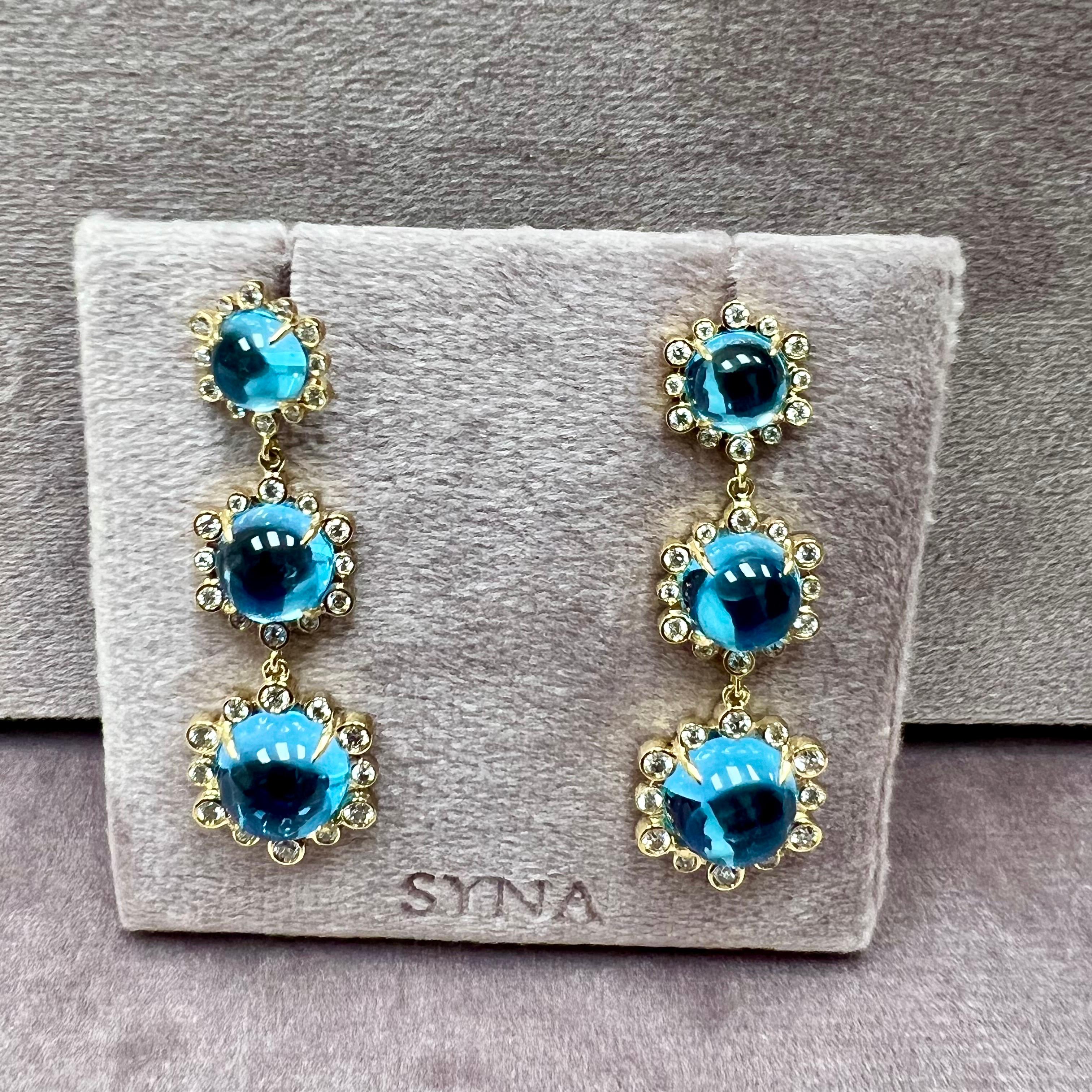 Created in 18 karat yellow gold
Blue Topaz 17 carats approx.
Diamonds 1 carat approx.
Post backs for pierced ears
Limited Edition

Crafted from 18-karat yellow gold, these earrings boast a majestic blue topaz weighing approximately 17 carats, and