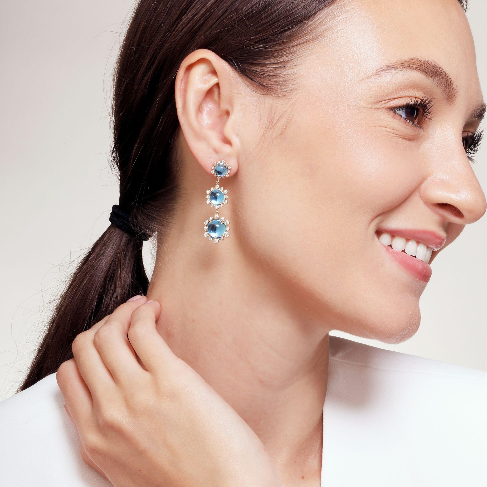 Created in 18 karat yellow gold
Blue Topaz 17 carats approx.
Diamonds 1 carat approx.
Post backs for pierced ears
Limited Edition

Crafted from 18-karat yellow gold, these earrings boast a majestic blue topaz weighing approximately 17 carats, and