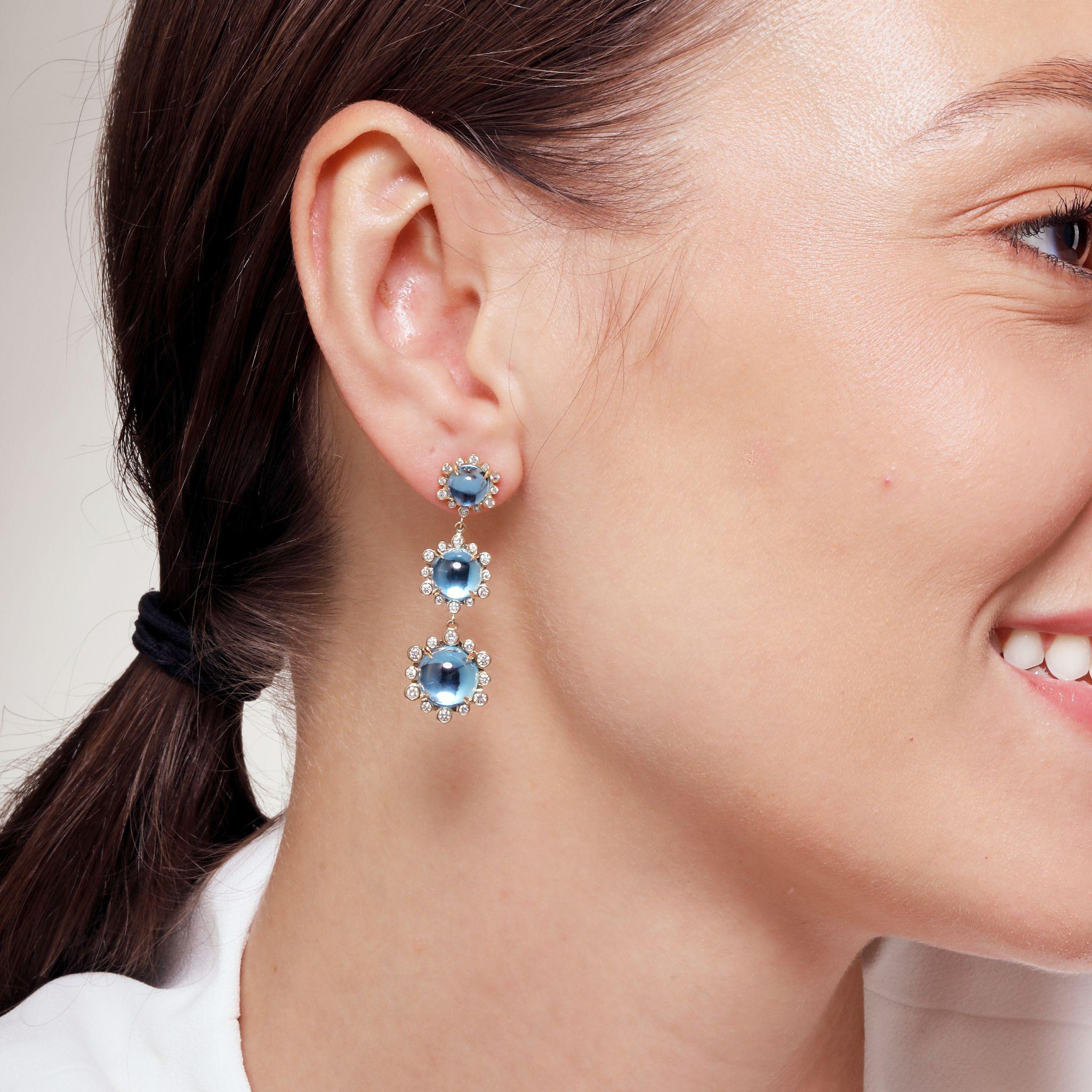 Contemporary Syna Yellow Gold Mogul Hex Earrings with Blue Topaz and Diamonds For Sale