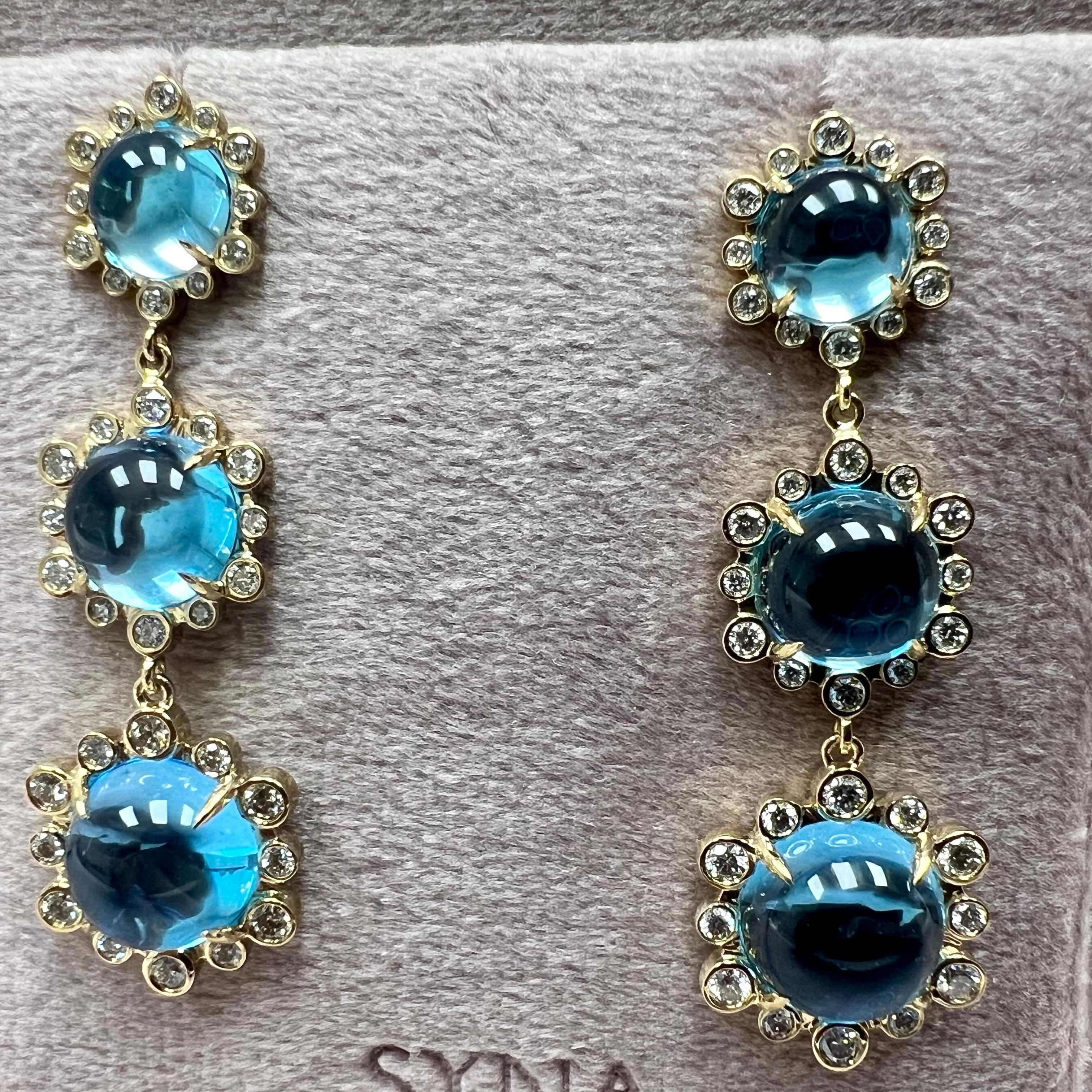 Round Cut Syna Yellow Gold Mogul Hex Earrings with Blue Topaz and Diamonds For Sale