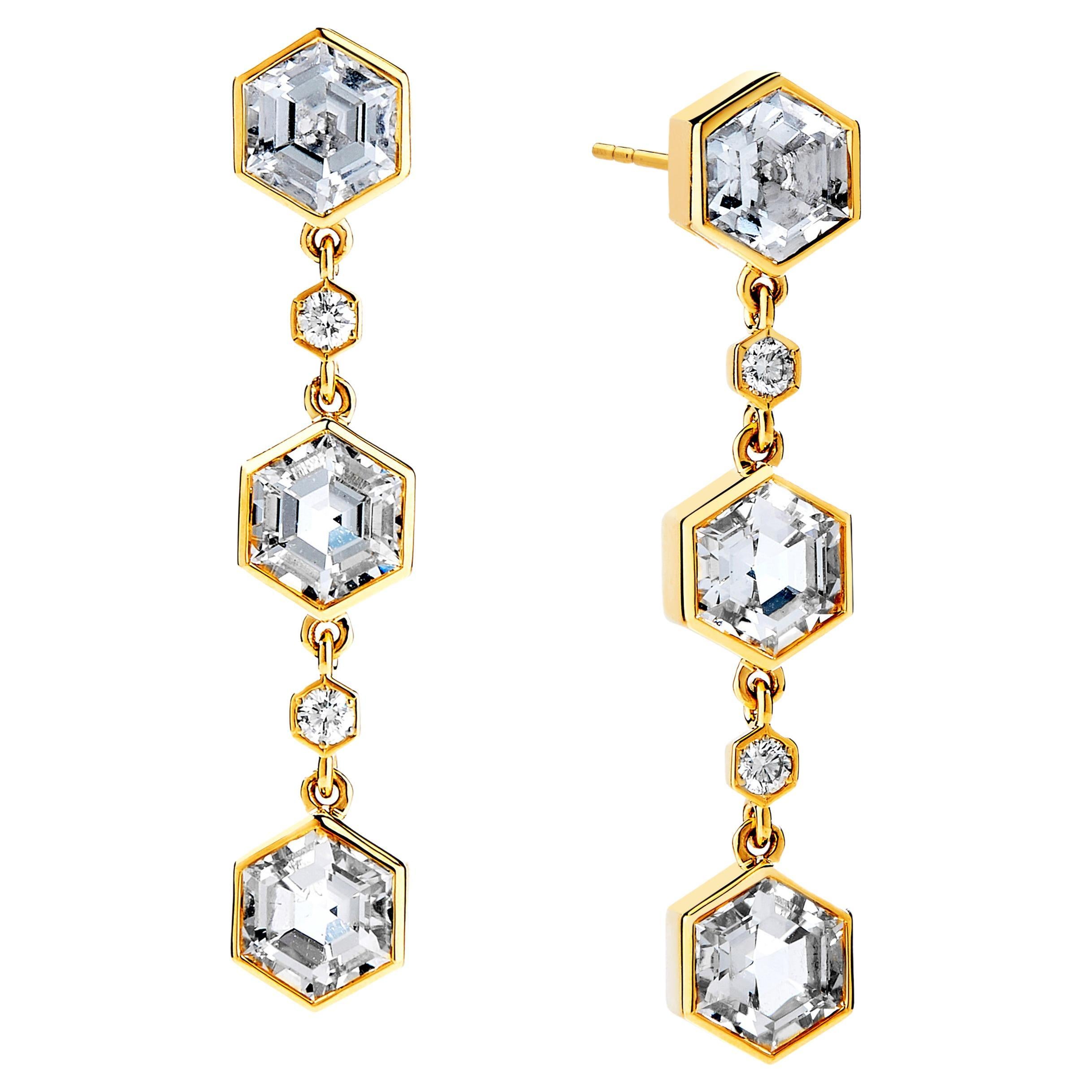 Syna Yellow Gold Mogul Hex Rock Crystal Earrings with Champagne Diamonds