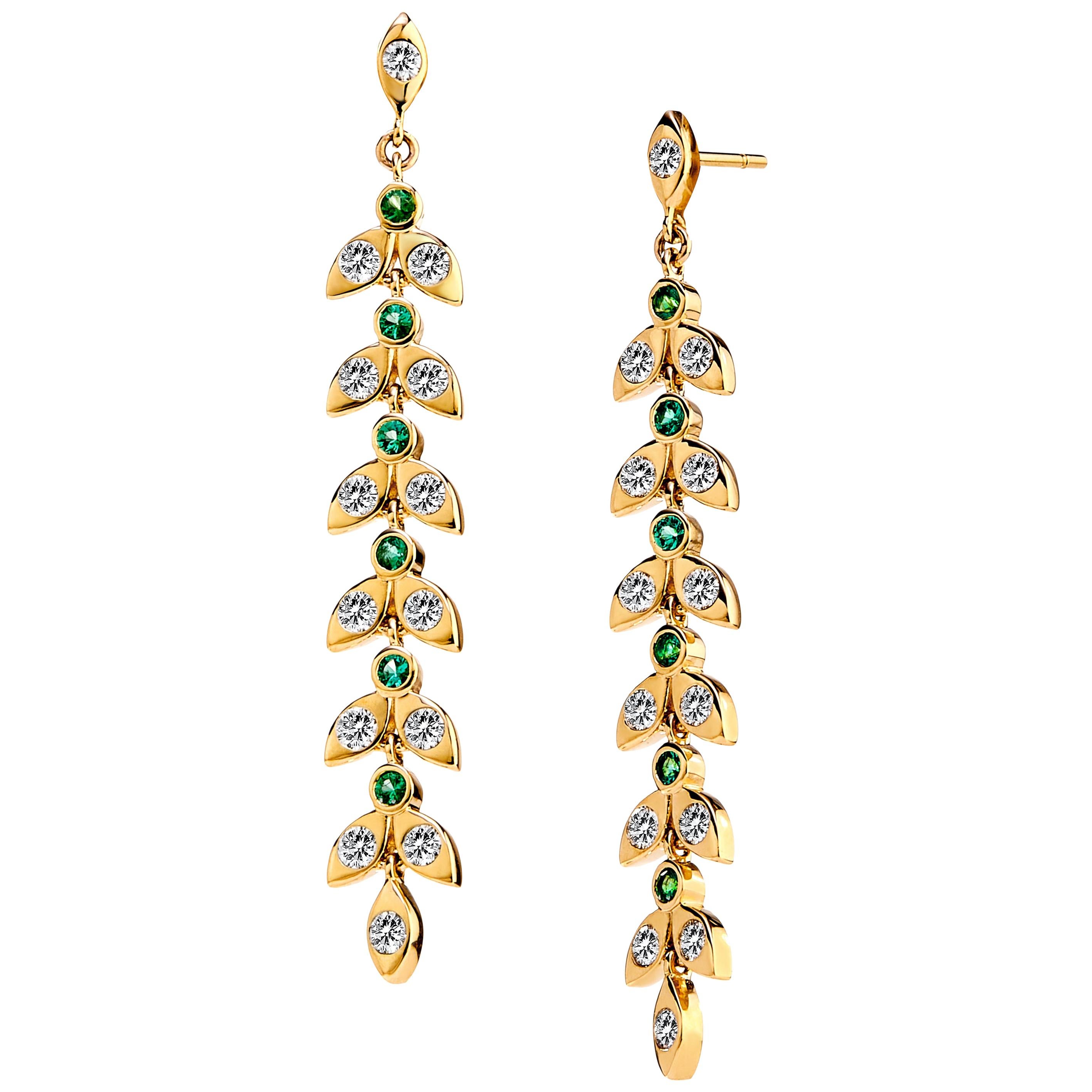 Syna Yellow Gold Mogul Leaf Emerald Champagne Diamond Earrings