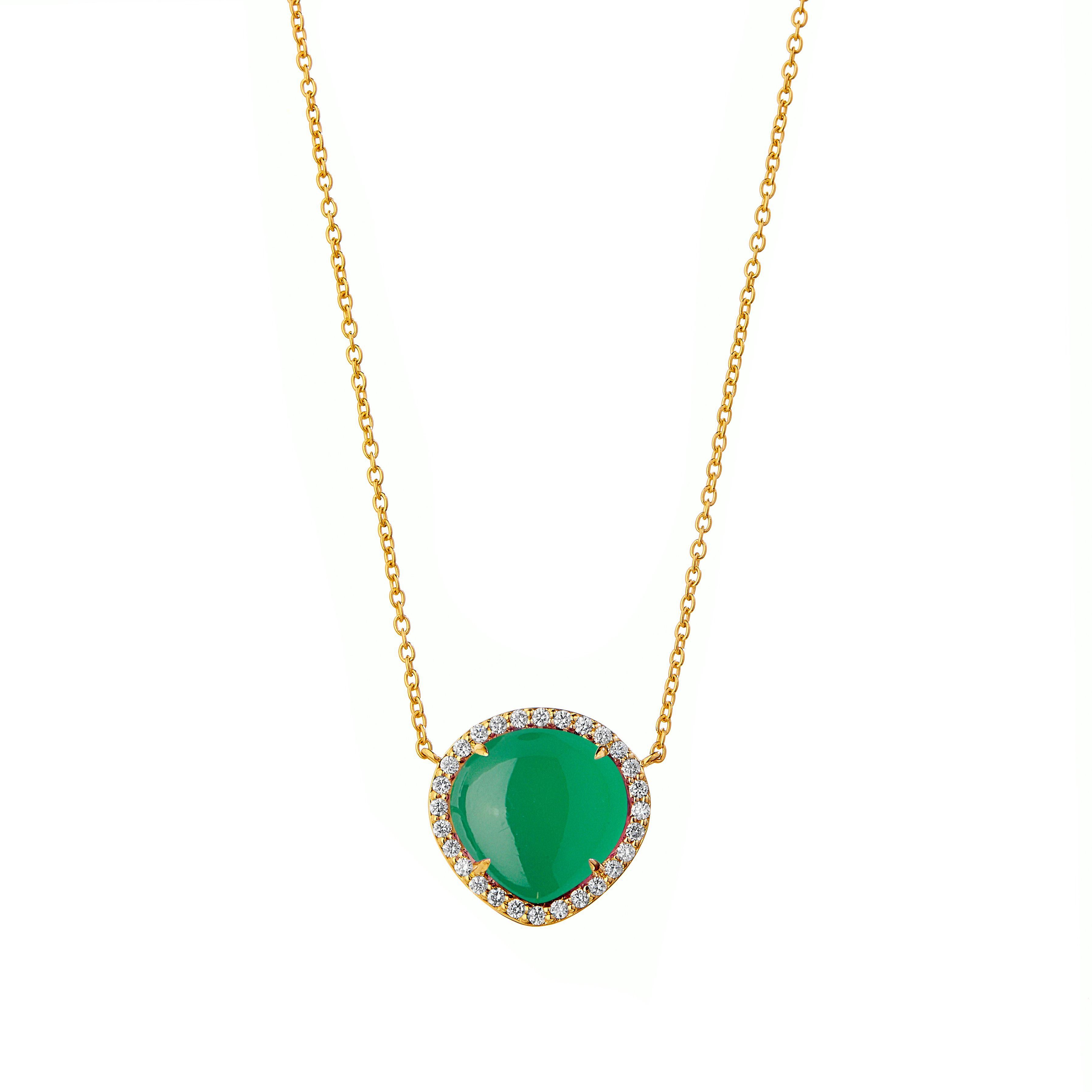 Cushion Cut Syna Yellow Gold Mogul Necklace with Green Chalcedony and Diamonds For Sale