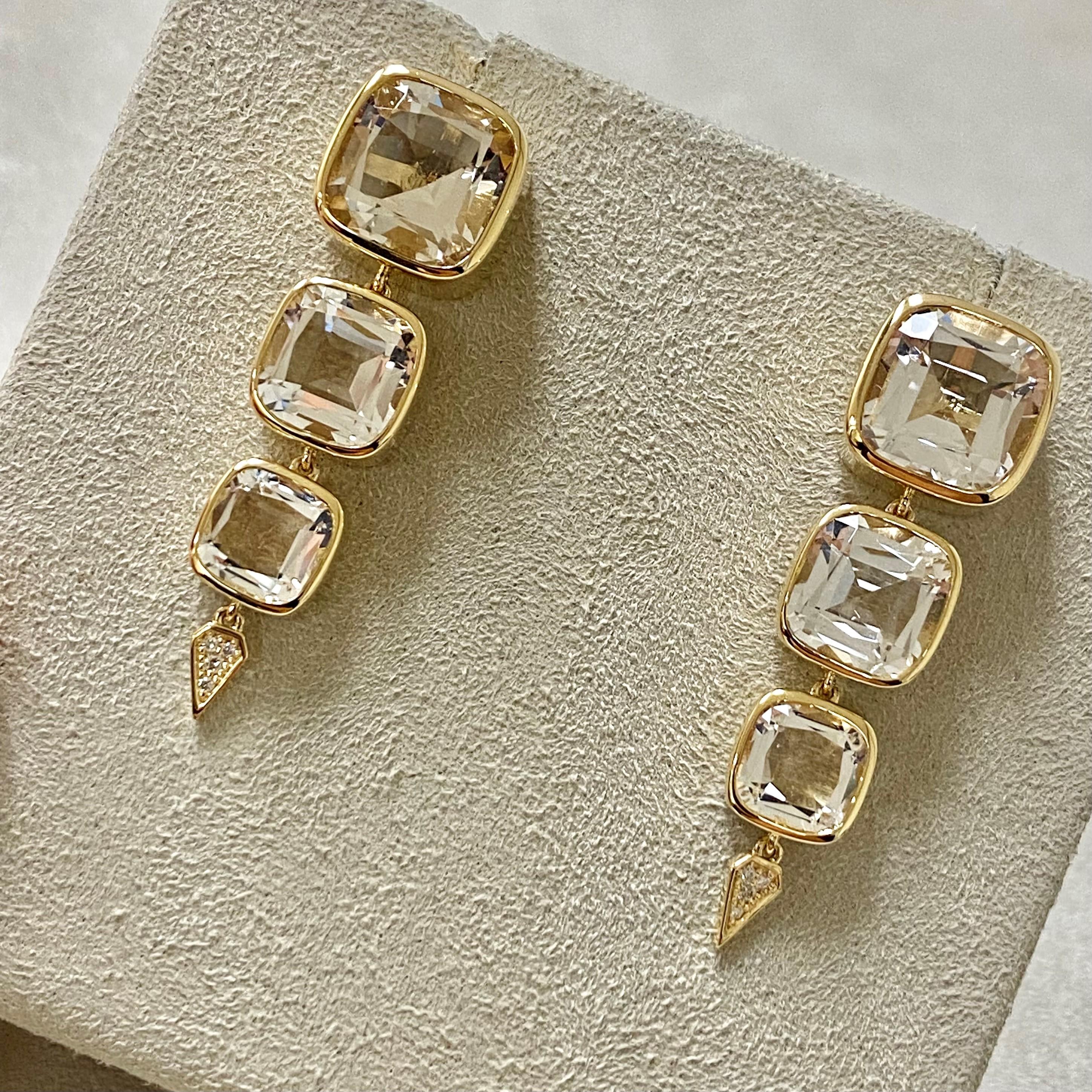 Round Cut Syna Yellow Gold Mogul Rock Crystal Earrings with Champagne Diamonds
