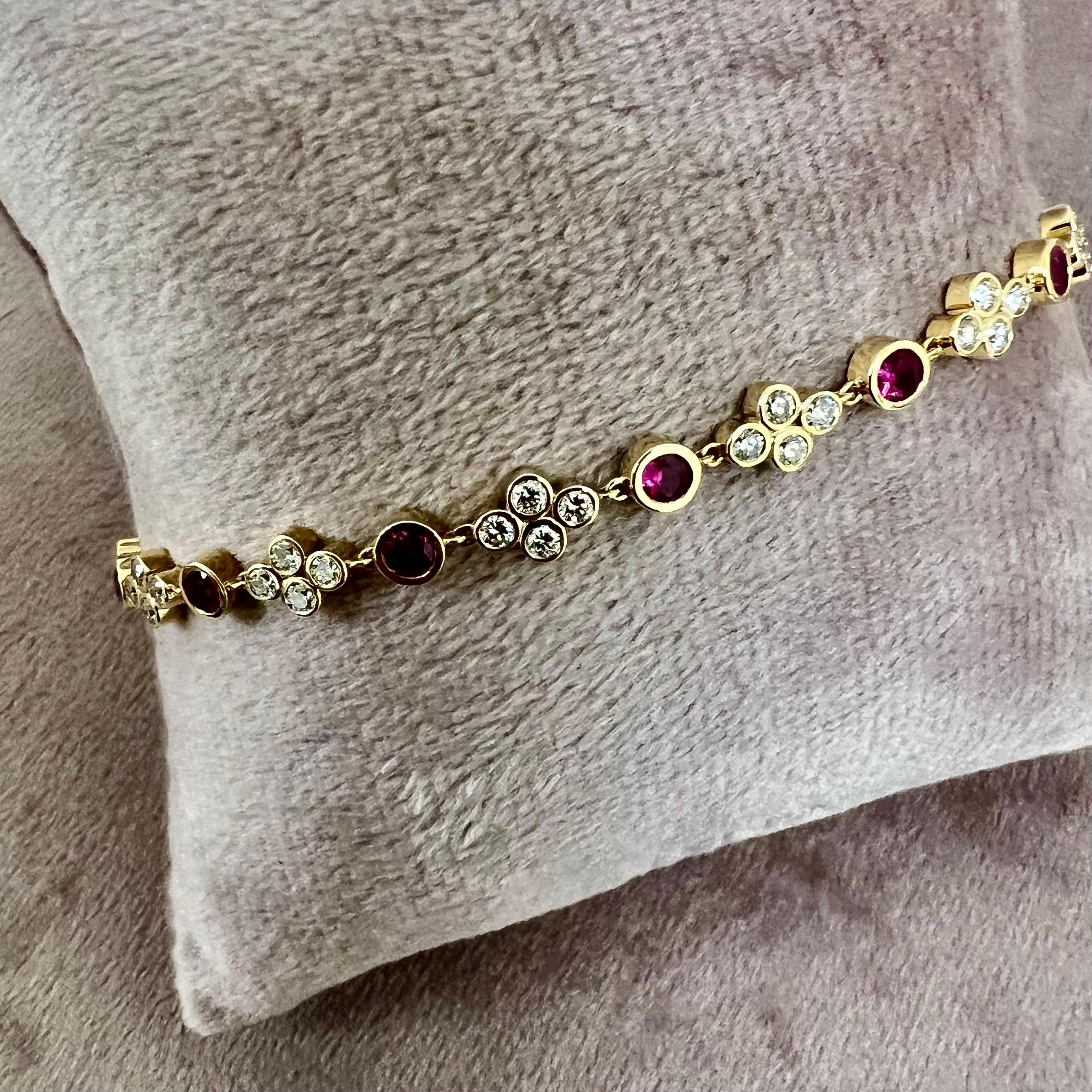 Created in 18 karat yellow gold
Rubies 1.60 carats approx.
Diamonds 1.50 carats approx.
8 inch length with lobster clasp
Bracelet can be clasped at any length

Handcrafted from 18 karat yellow gold, this bracelet features rubies estimated at 1.60