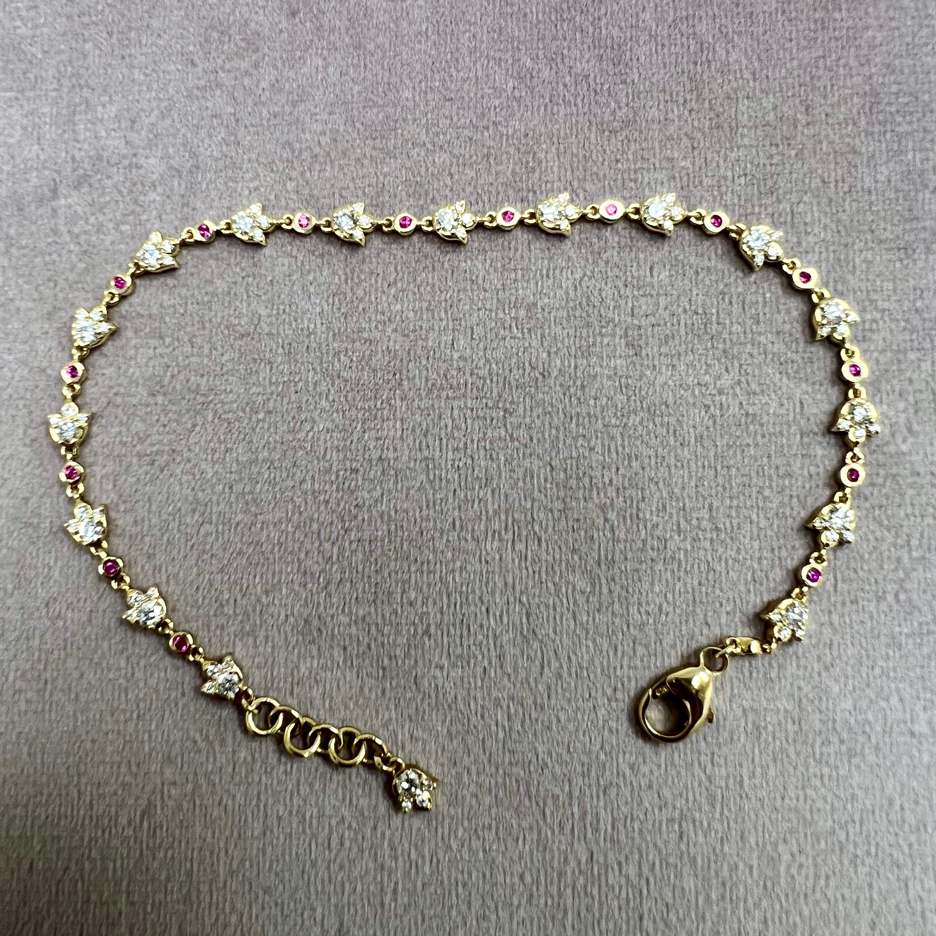 Created in 18 karat yellow gold
Rubies 0.20 carat approx.
Diamonds 1.35 carats approx.
8 inch length with lobster clasp
Bracelet can be clasped at any length
Also available in various lengths

Effortlessly crafted from 18-karat yellow gold, this