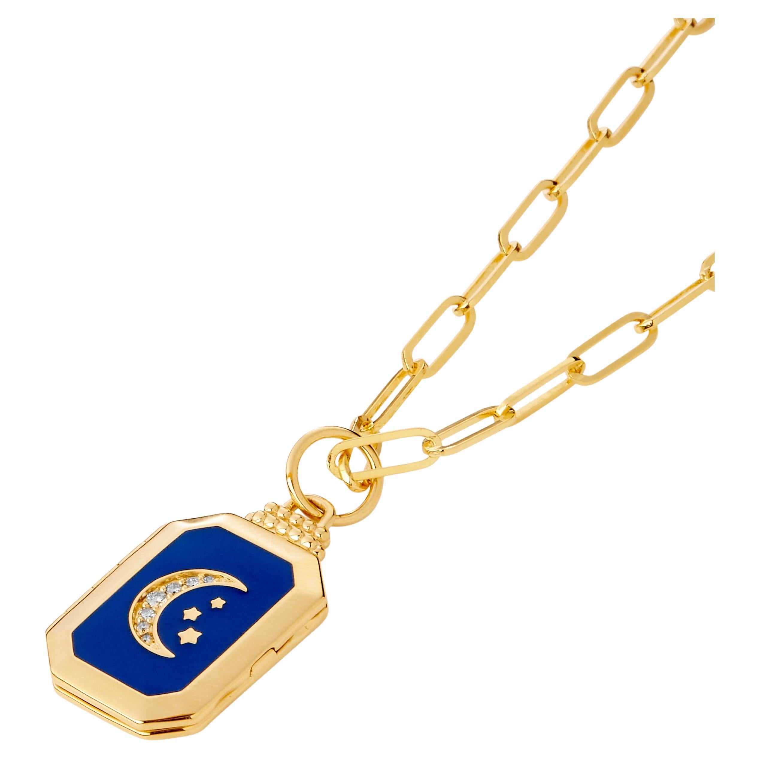 Syna Yellow Gold Moon and Stars Locket with Champagne Diamonds and Lapis Enamel For Sale