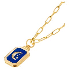 Vintage Syna Yellow Gold Moon and Stars Locket with Champagne Diamonds and Lapis Enamel