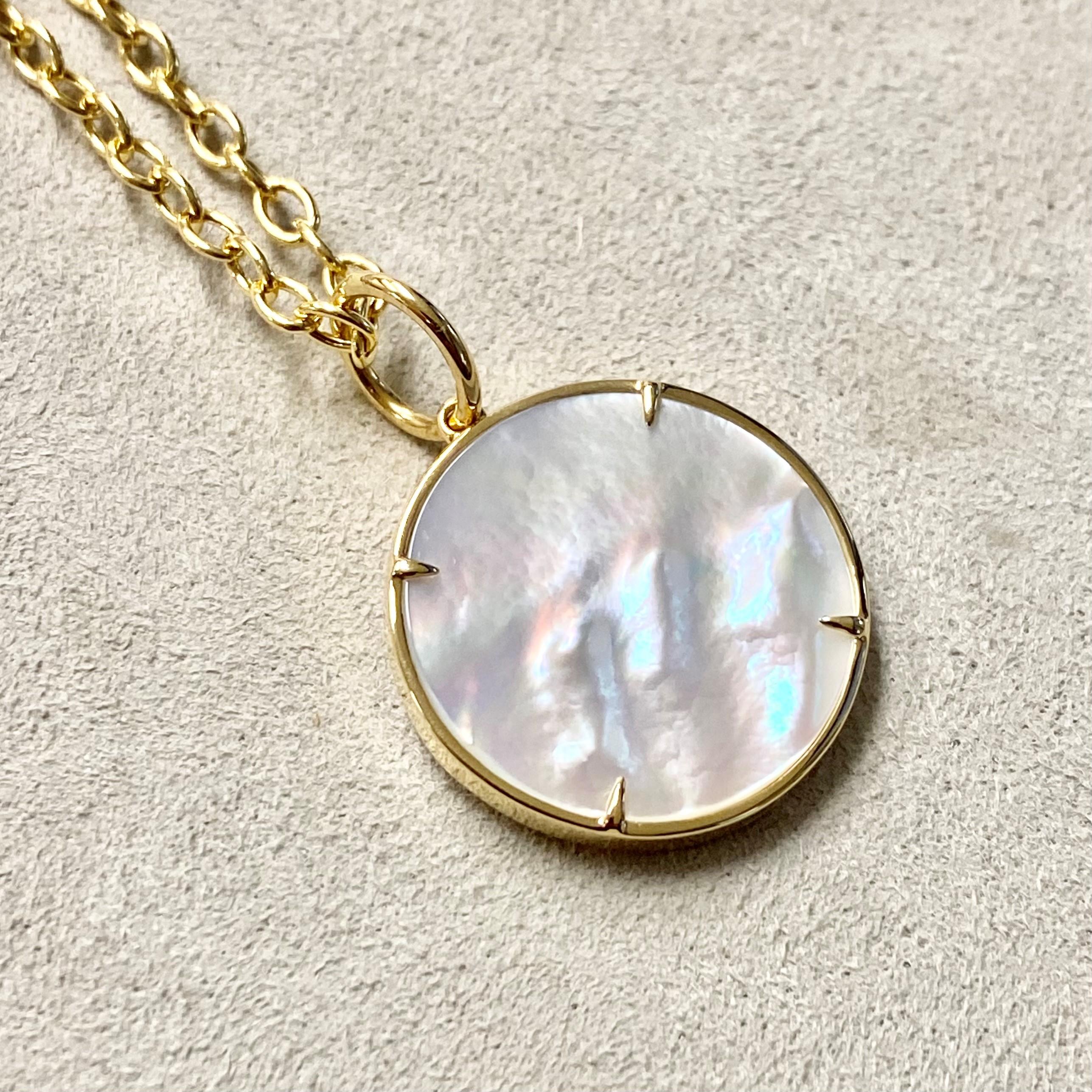Contemporary Syna Yellow Gold Moon and Stars Mother of Pearl Pendant with Champagne Diamonds For Sale