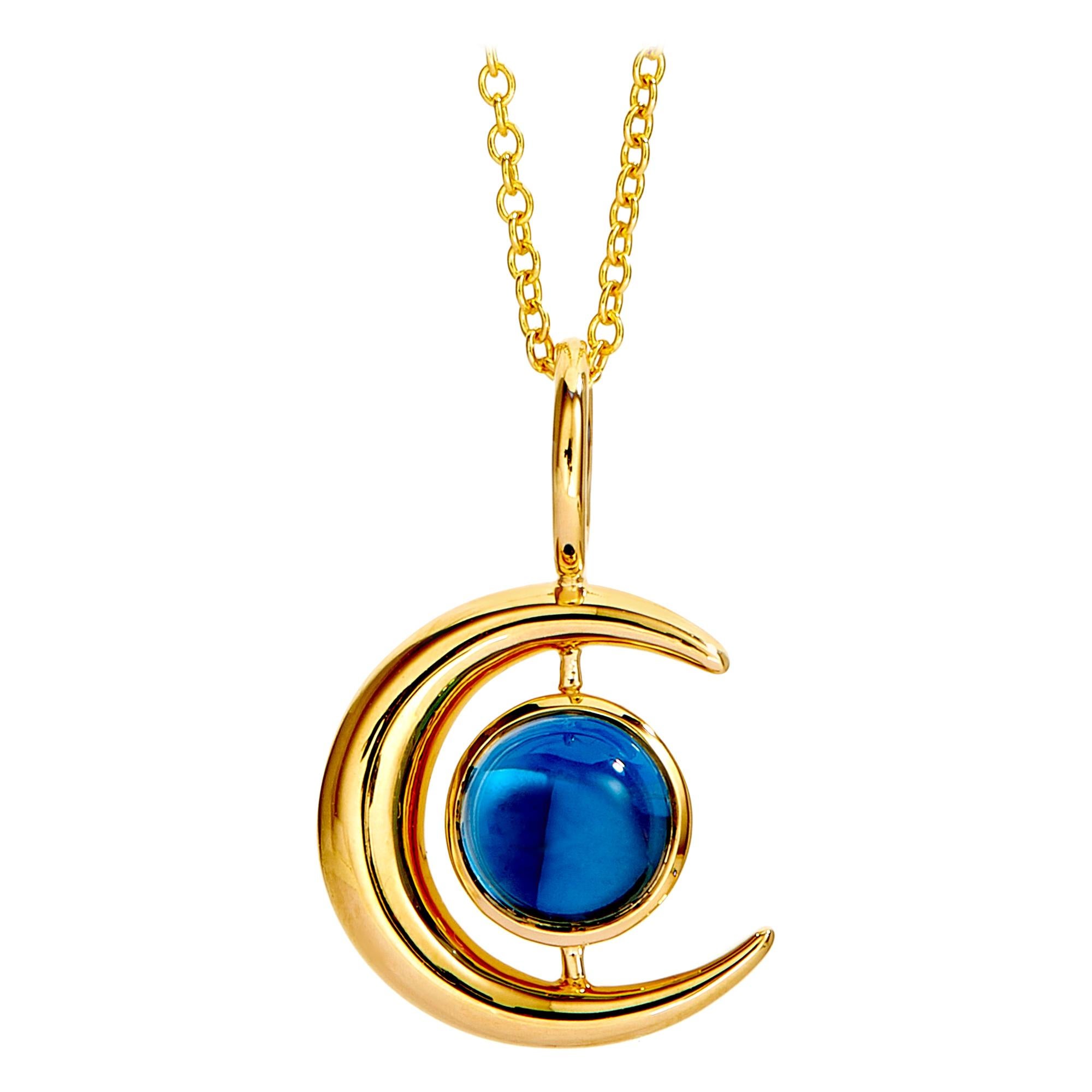 Syna Yellow Gold Moon Pendant with London Blue Topaz and Moon Quartz For Sale