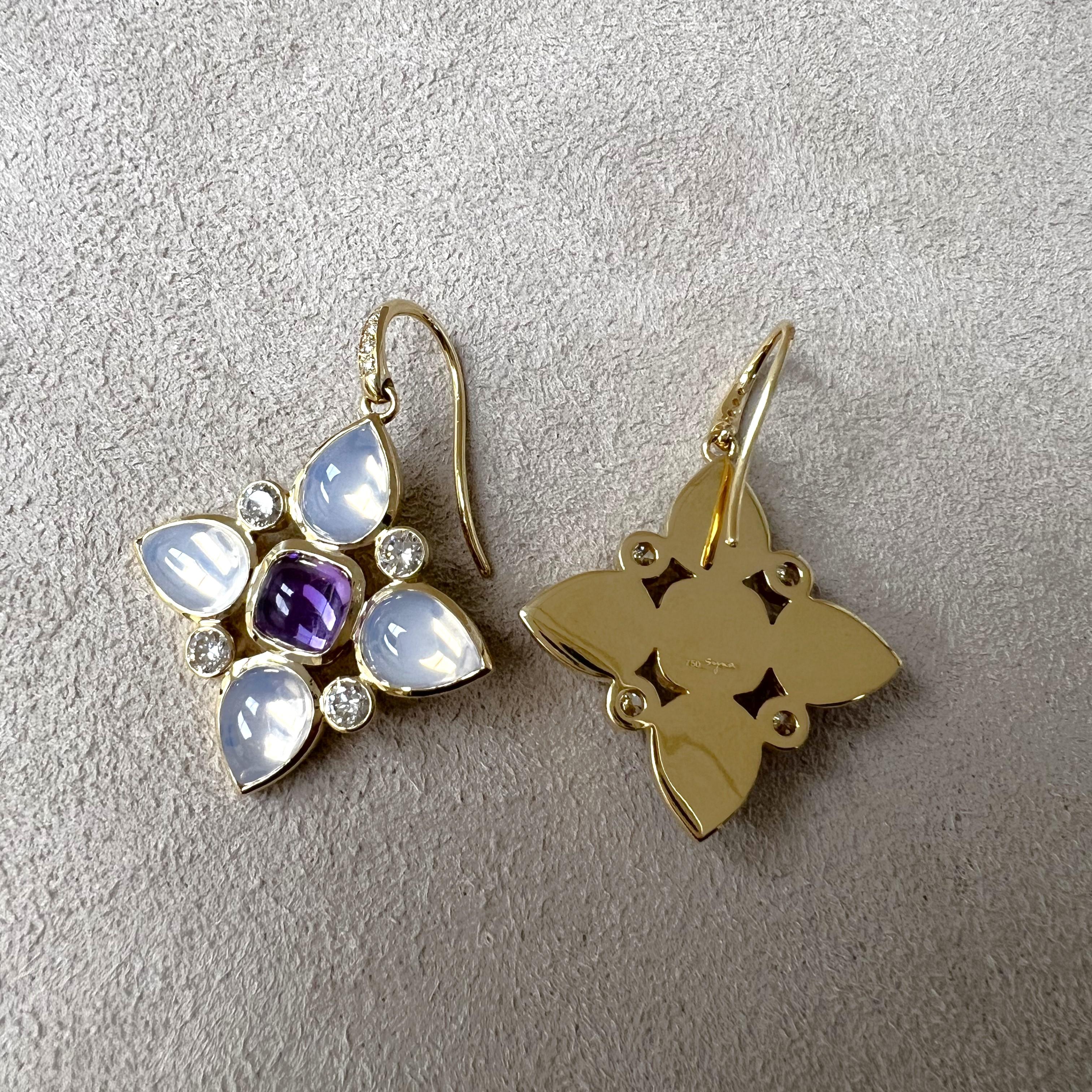 Contemporary Syna Yellow Gold Moon Quartz, Amethyst and Diamonds Earrings For Sale