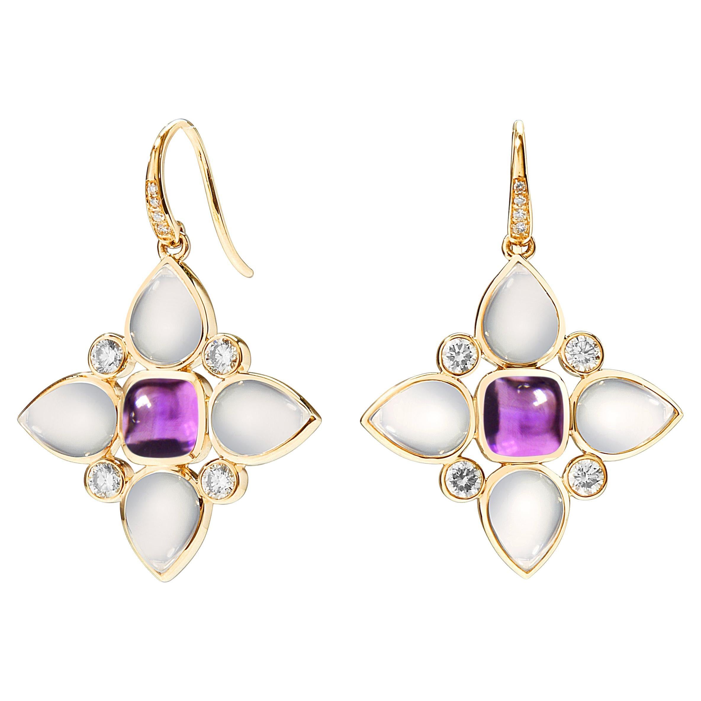 Syna Yellow Gold Moon Quartz, Amethyst and Diamonds Earrings For Sale