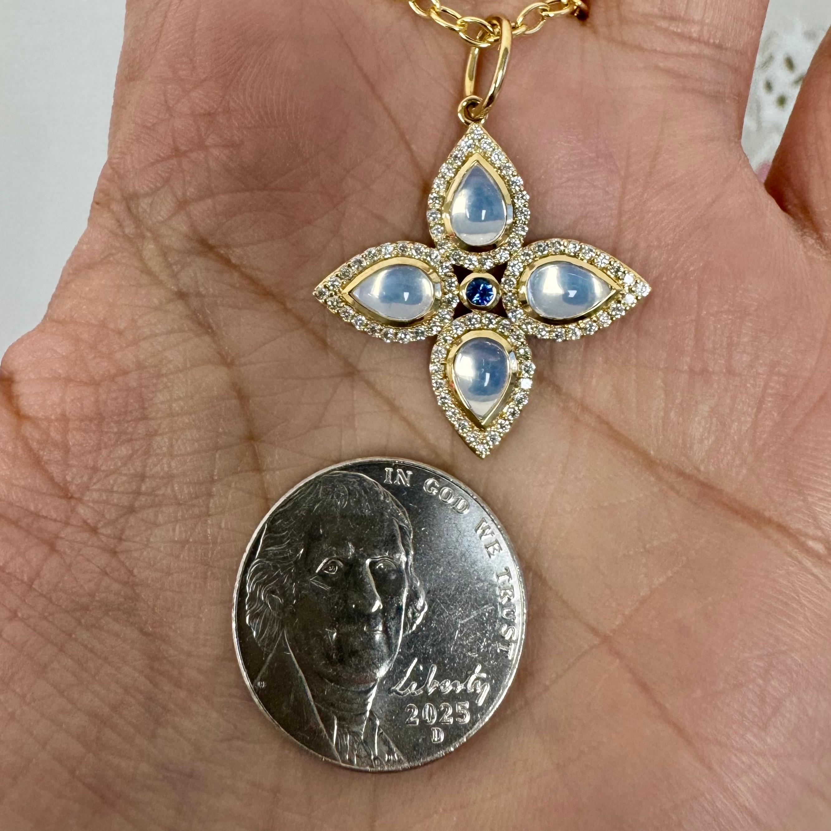 Contemporary Syna Yellow Gold Moon Quartz and Blue Sapphire Pendant with Diamonds For Sale