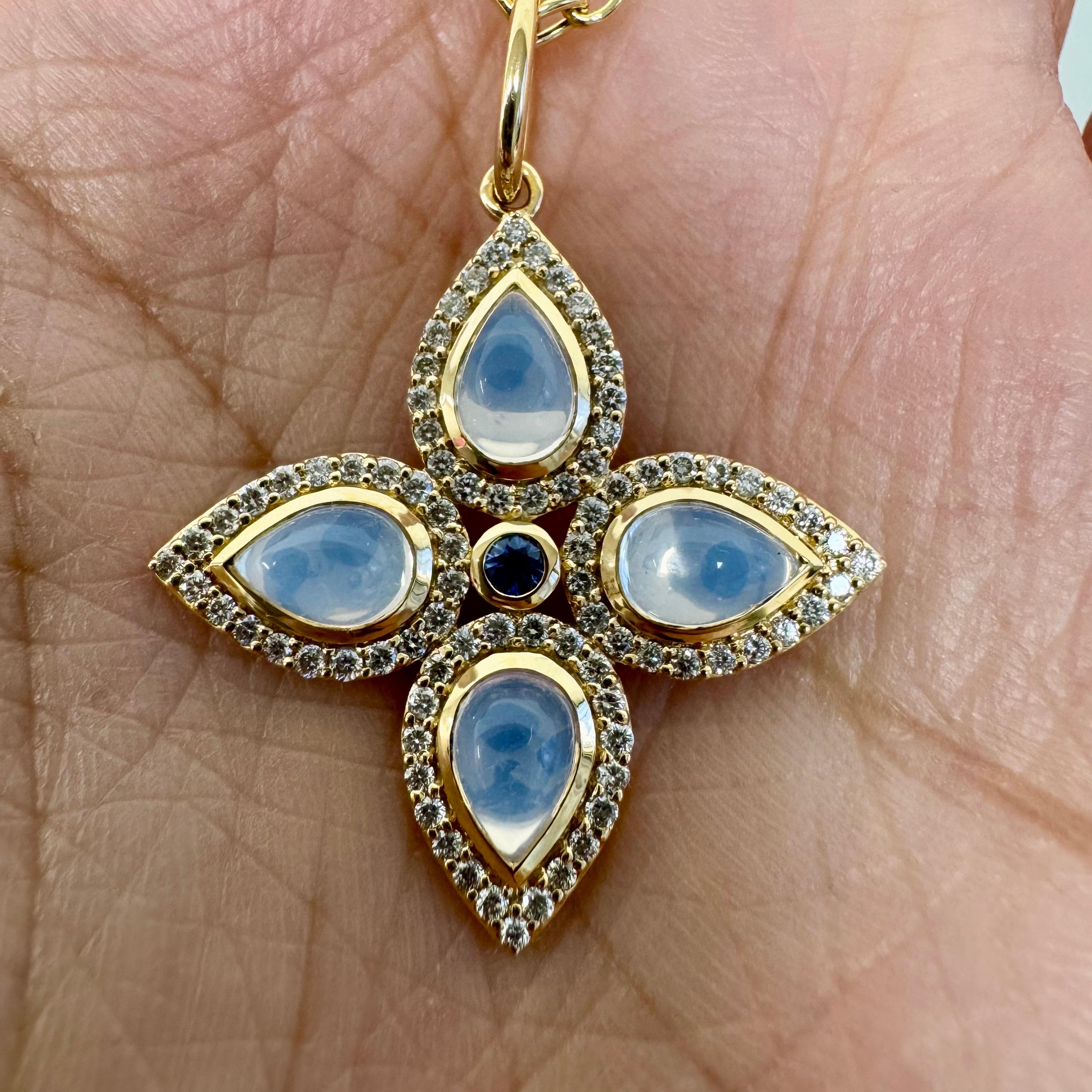 Mixed Cut Syna Yellow Gold Moon Quartz and Blue Sapphire Pendant with Diamonds For Sale