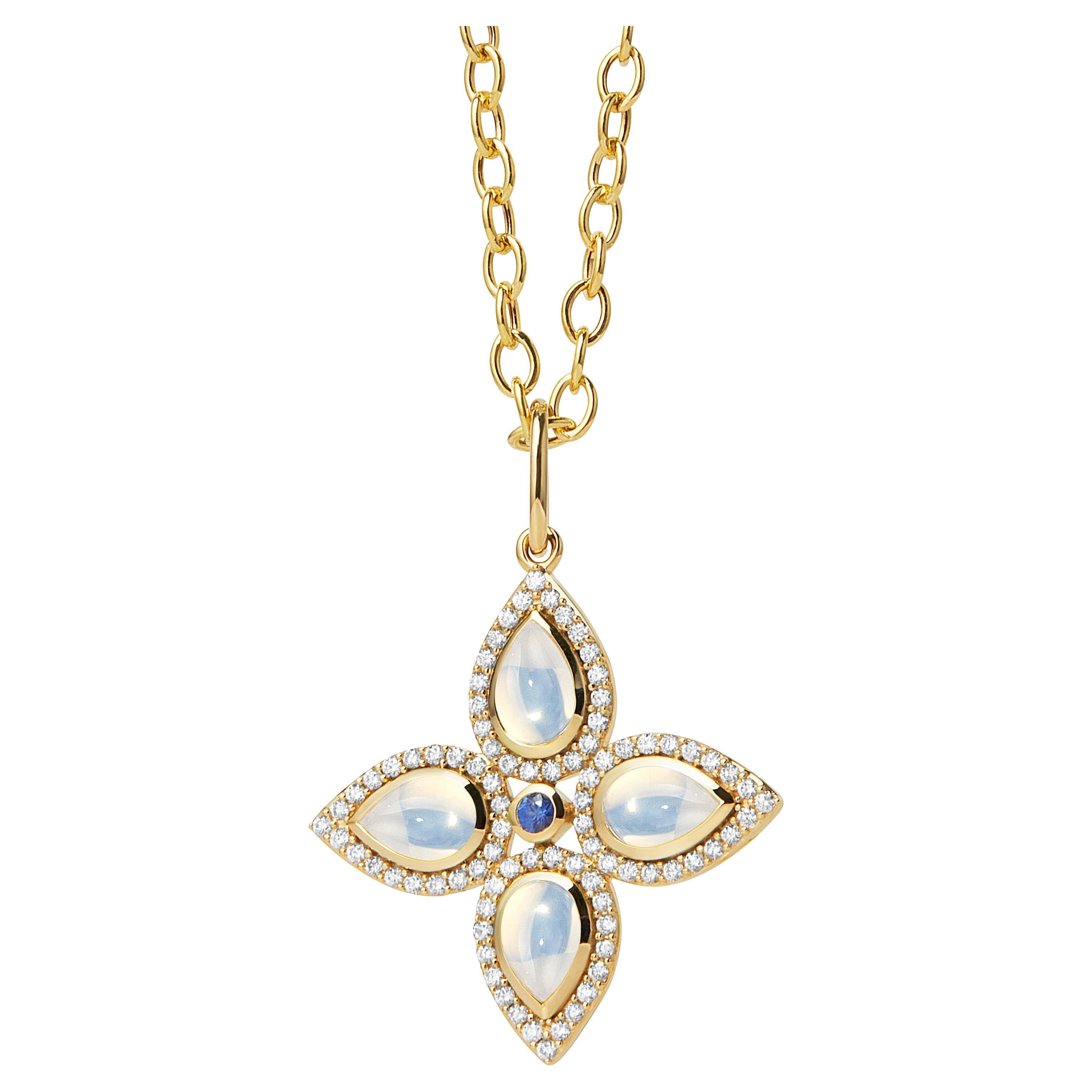 Syna Yellow Gold Moon Quartz and Blue Sapphire Pendant with Diamonds For Sale