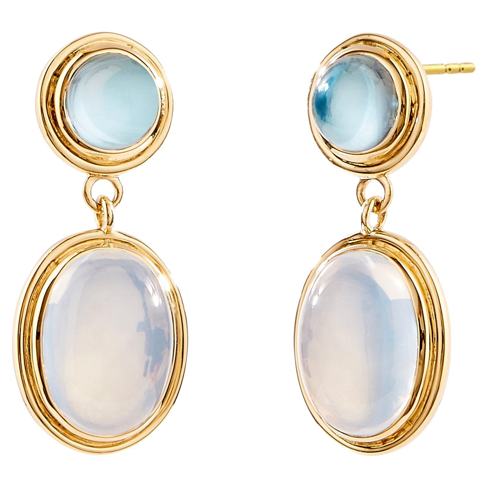 Syna Yellow Gold Moon Quartz and Blue Topaz Earrings For Sale