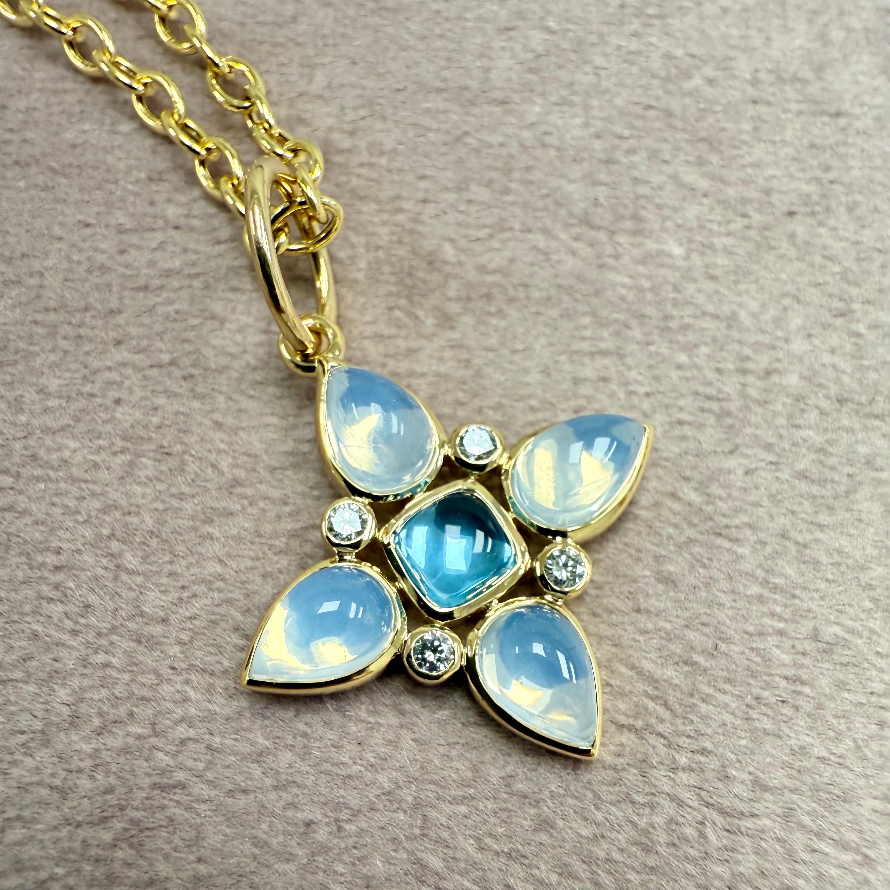 Créé en or jaune 18 carats
Quartz lunaire 2 carats environ
Topaze bleue 0,50 carat env.
Diamants 0,08 carat environ
Chaîne vendue séparément



À propos des concepteurs ~ Dharmesh & Namrata

S'inspirant de petites choses, Jewell et Namrata Kothari