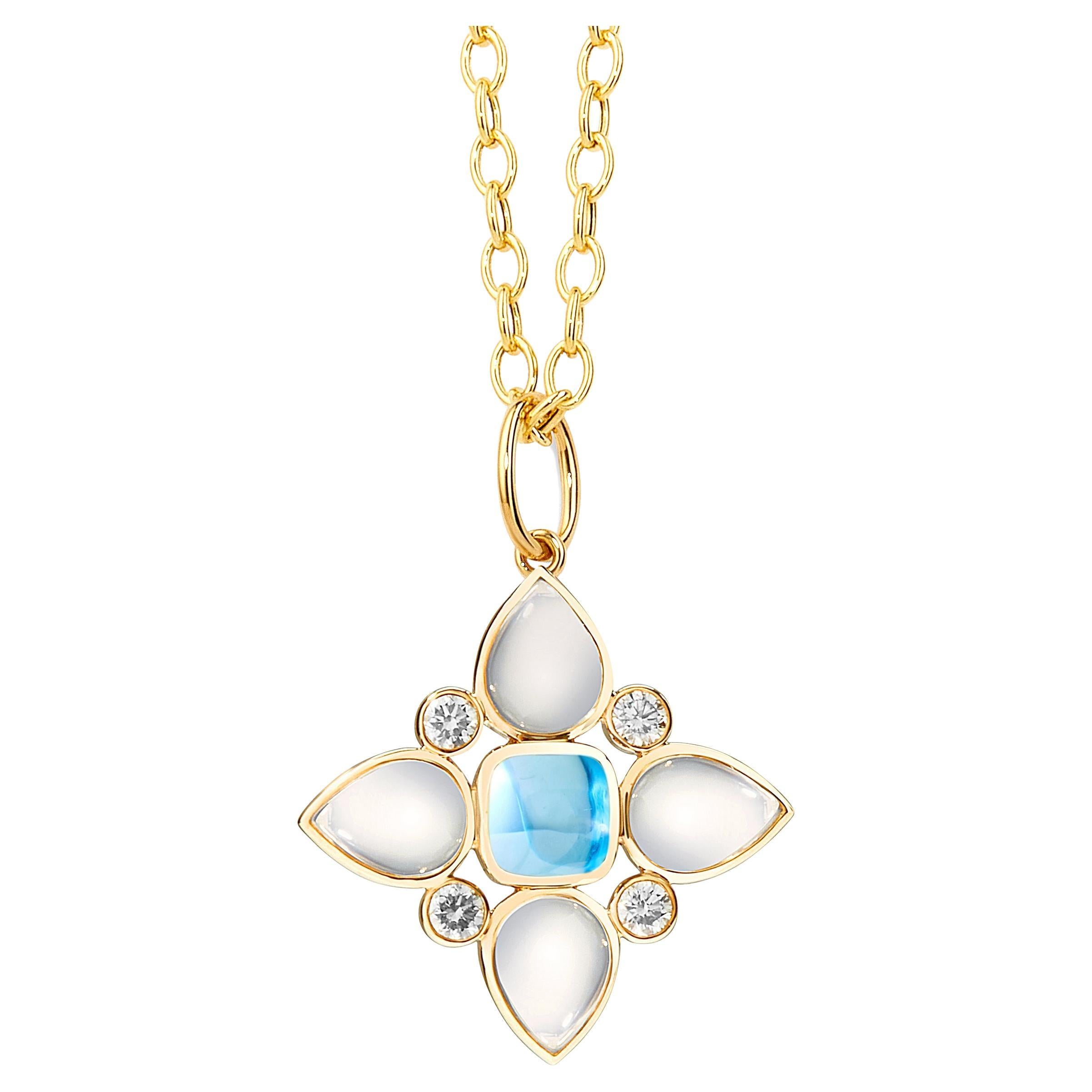 Pendentif en or jaune Syna en quartz lunaire et topaze bleue avec diamants