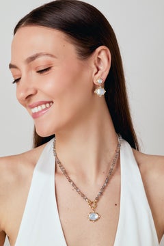 Syna Yellow Gold Moon Quartz and Diamonds Earrings