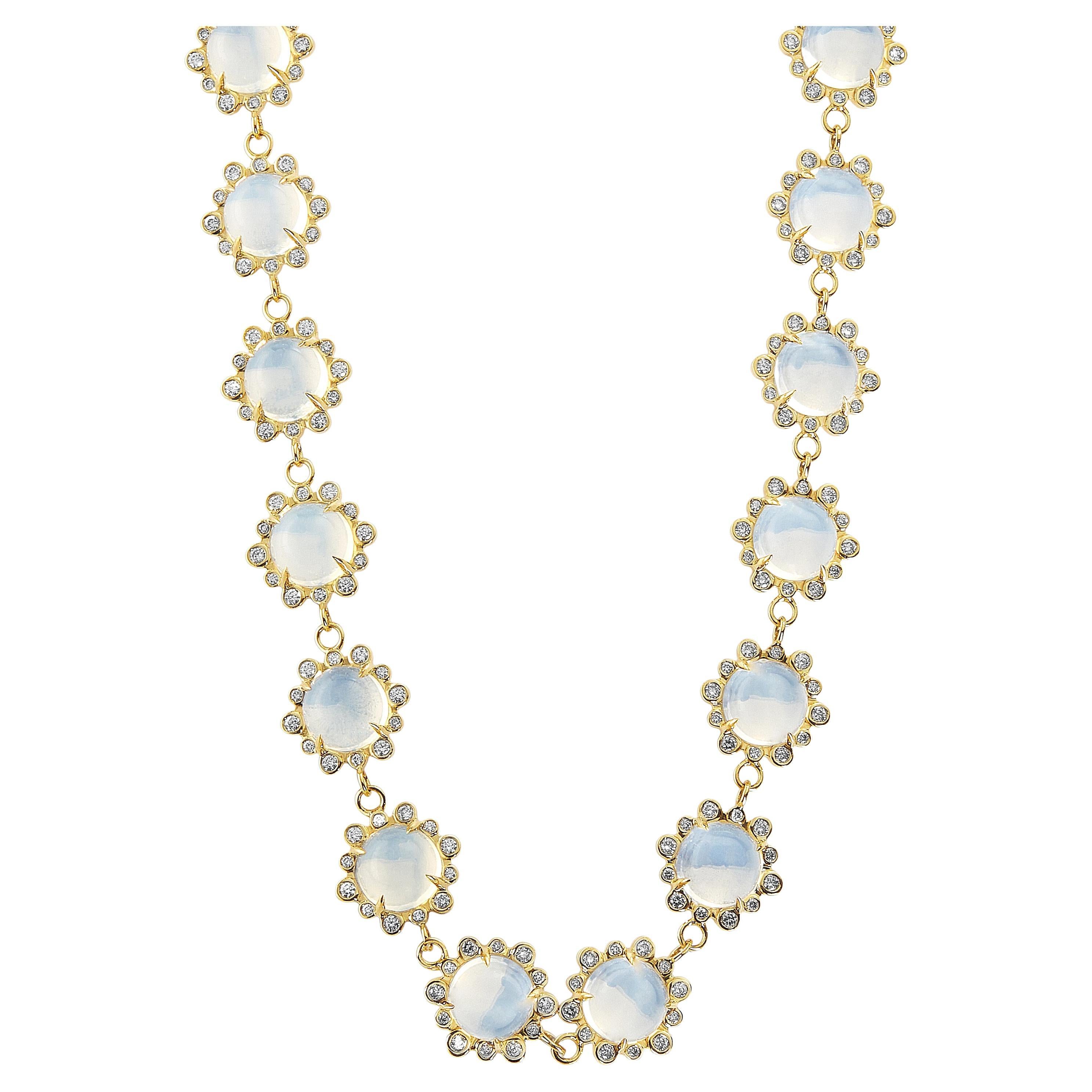 Syna Yellow Gold Moon Quartz and Diamonds Necklace For Sale
