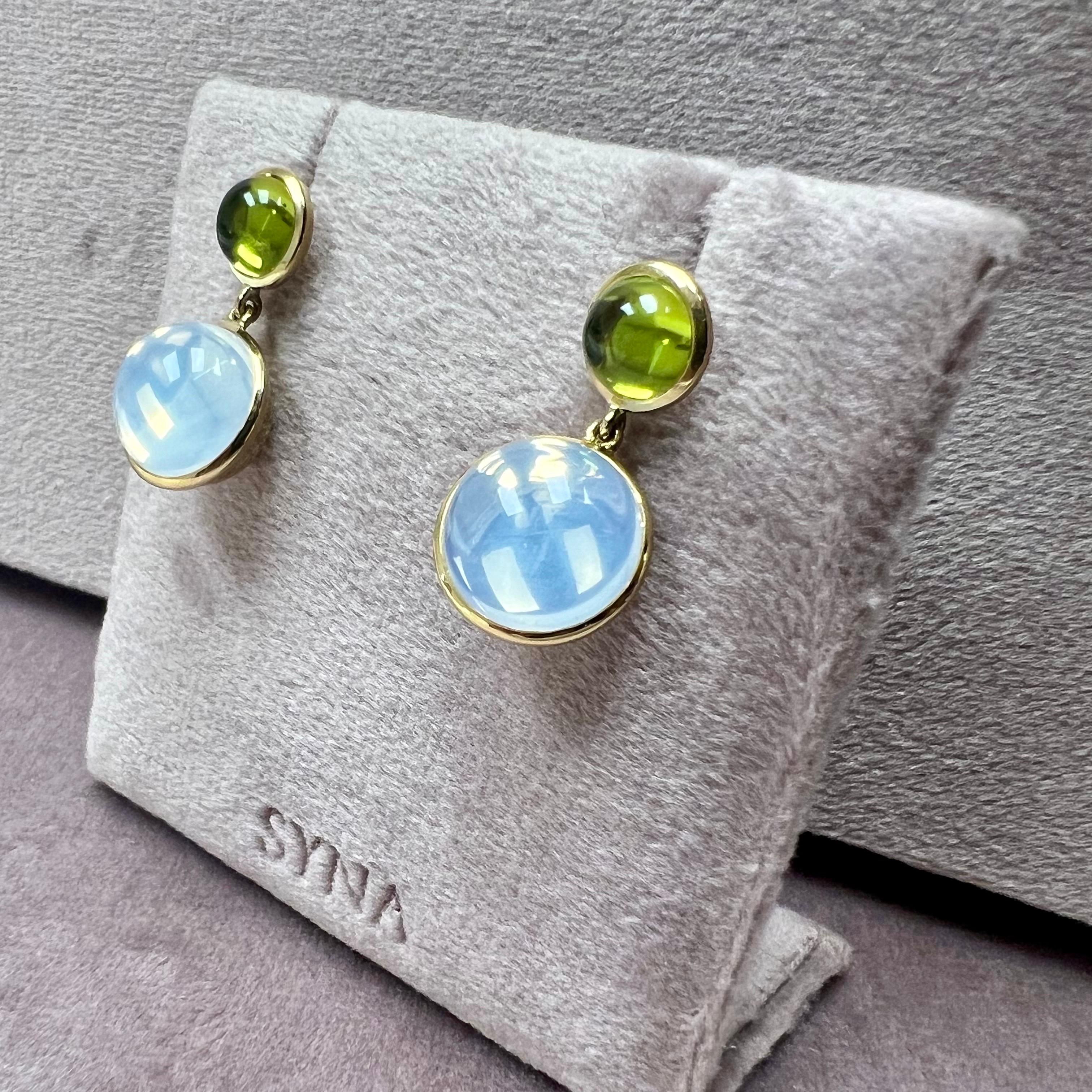 Contemporary Syna Yellow Gold Moon Quartz and Peridot Earrings For Sale