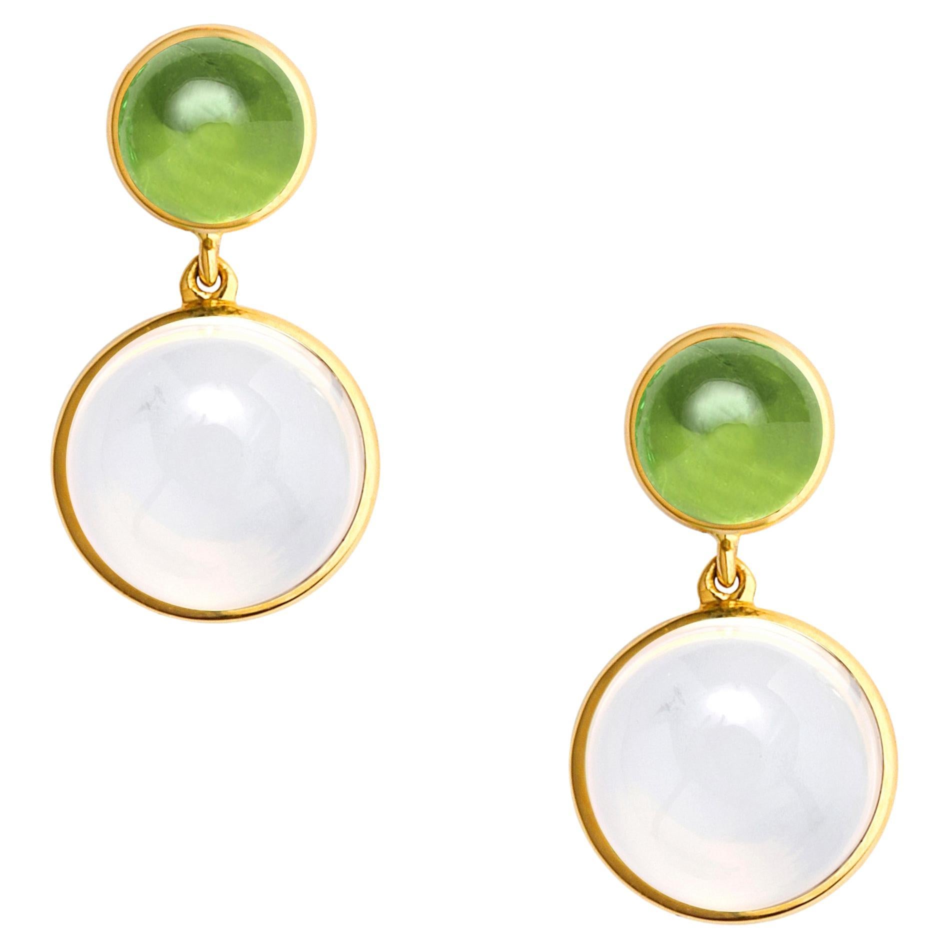 Syna Yellow Gold Moon Quartz and Peridot Earrings For Sale