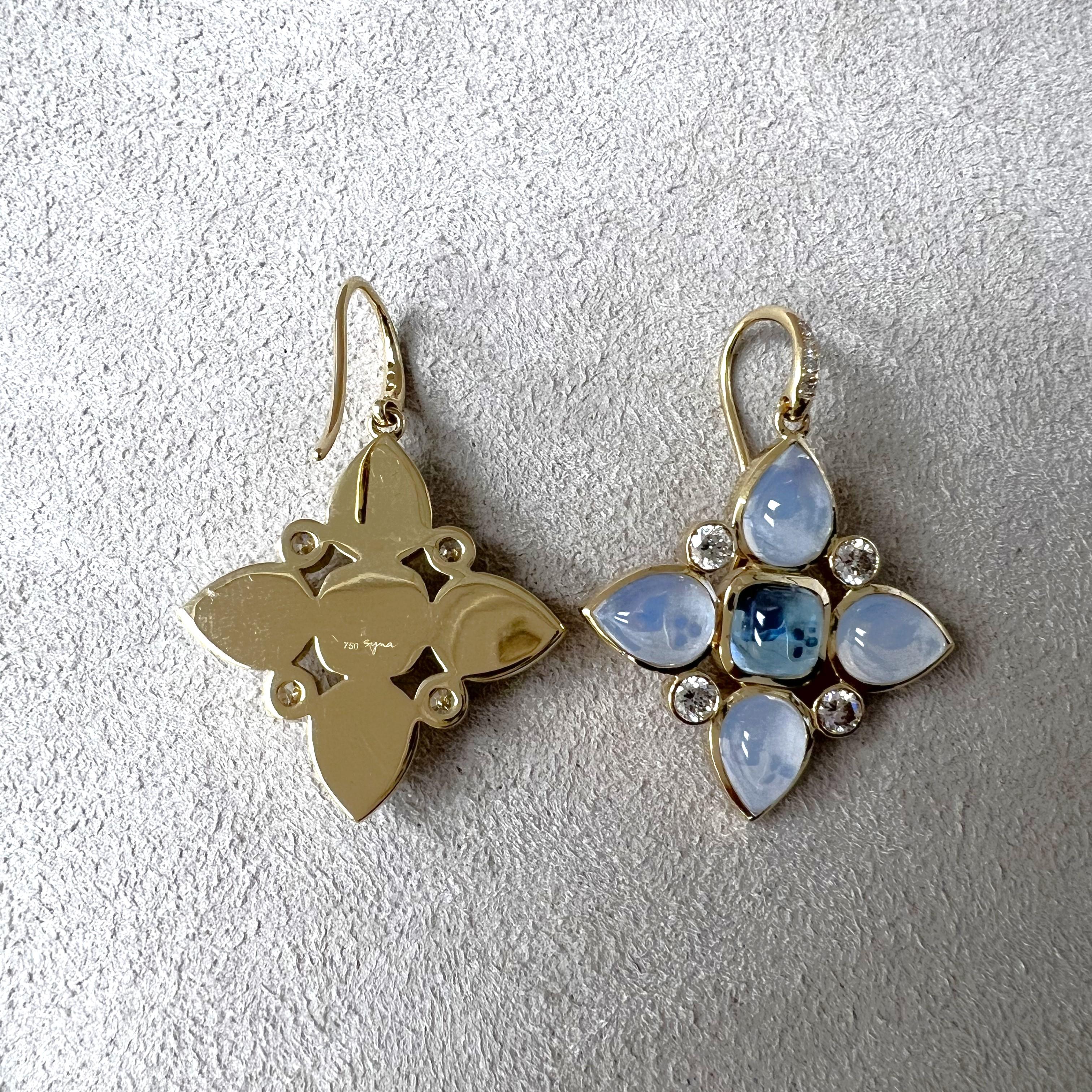 Contemporary Syna Yellow Gold Moon Quartz, Blue Topaz and Diamonds Earrings For Sale