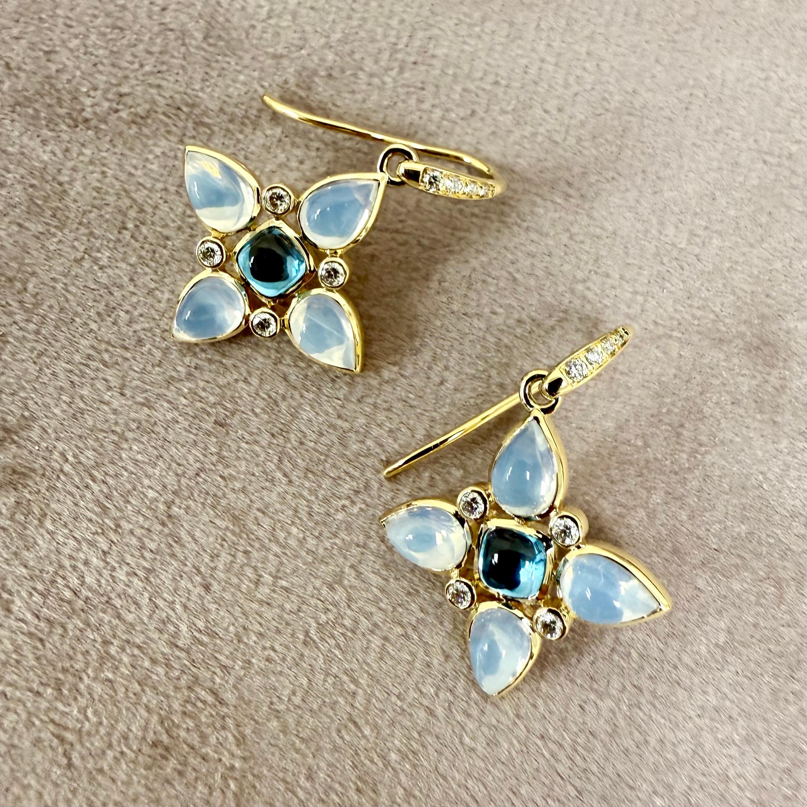 Contemporary Syna Yellow Gold Moon Quartz, Blue Topaz and Diamonds Flower Earrings For Sale