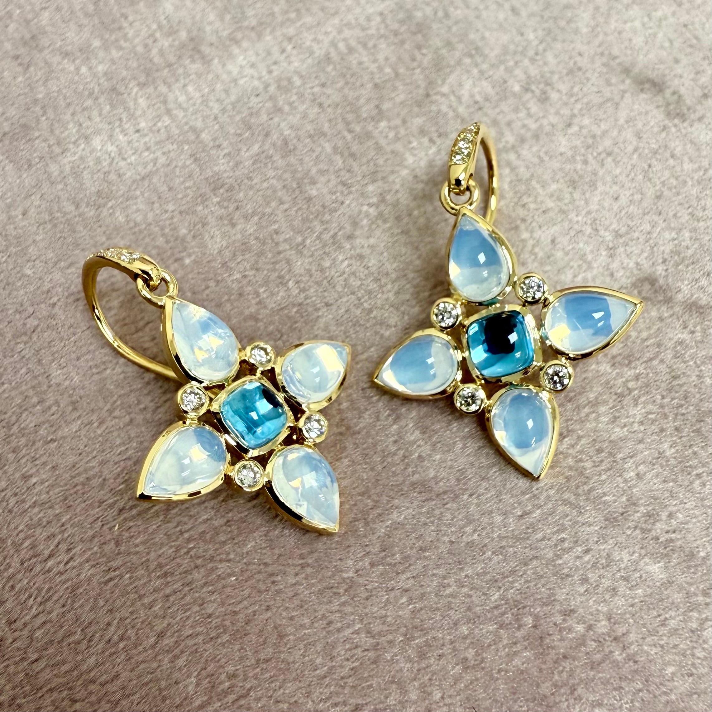 Mixed Cut Syna Yellow Gold Moon Quartz, Blue Topaz and Diamonds Flower Earrings For Sale