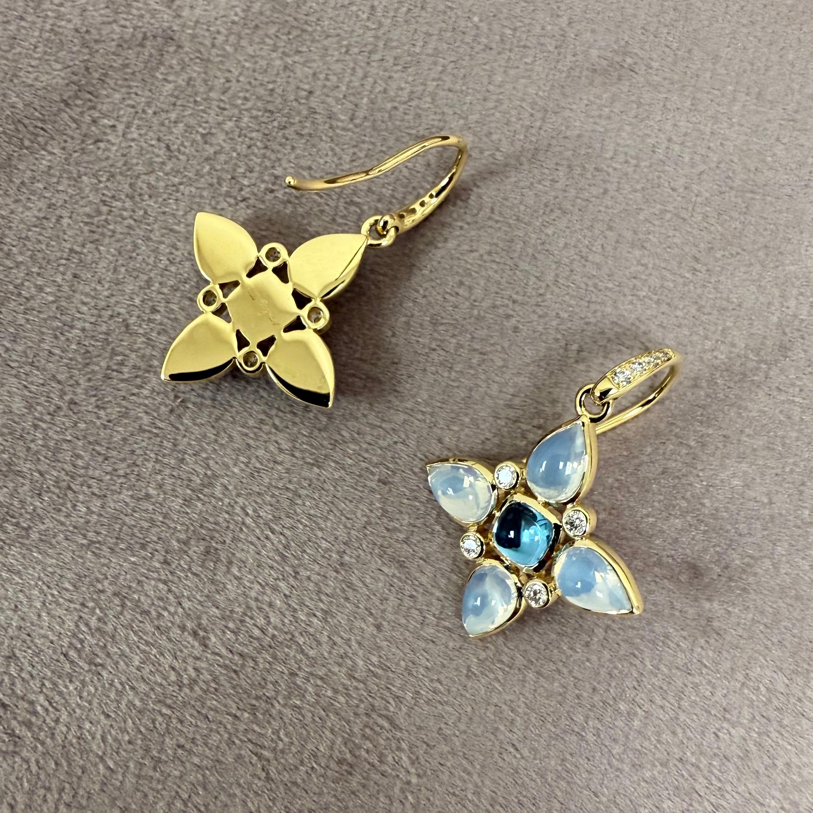 Syna Yellow Gold Moon Quartz, Blue Topaz and Diamonds Flower Earrings In New Condition For Sale In Fort Lee, NJ