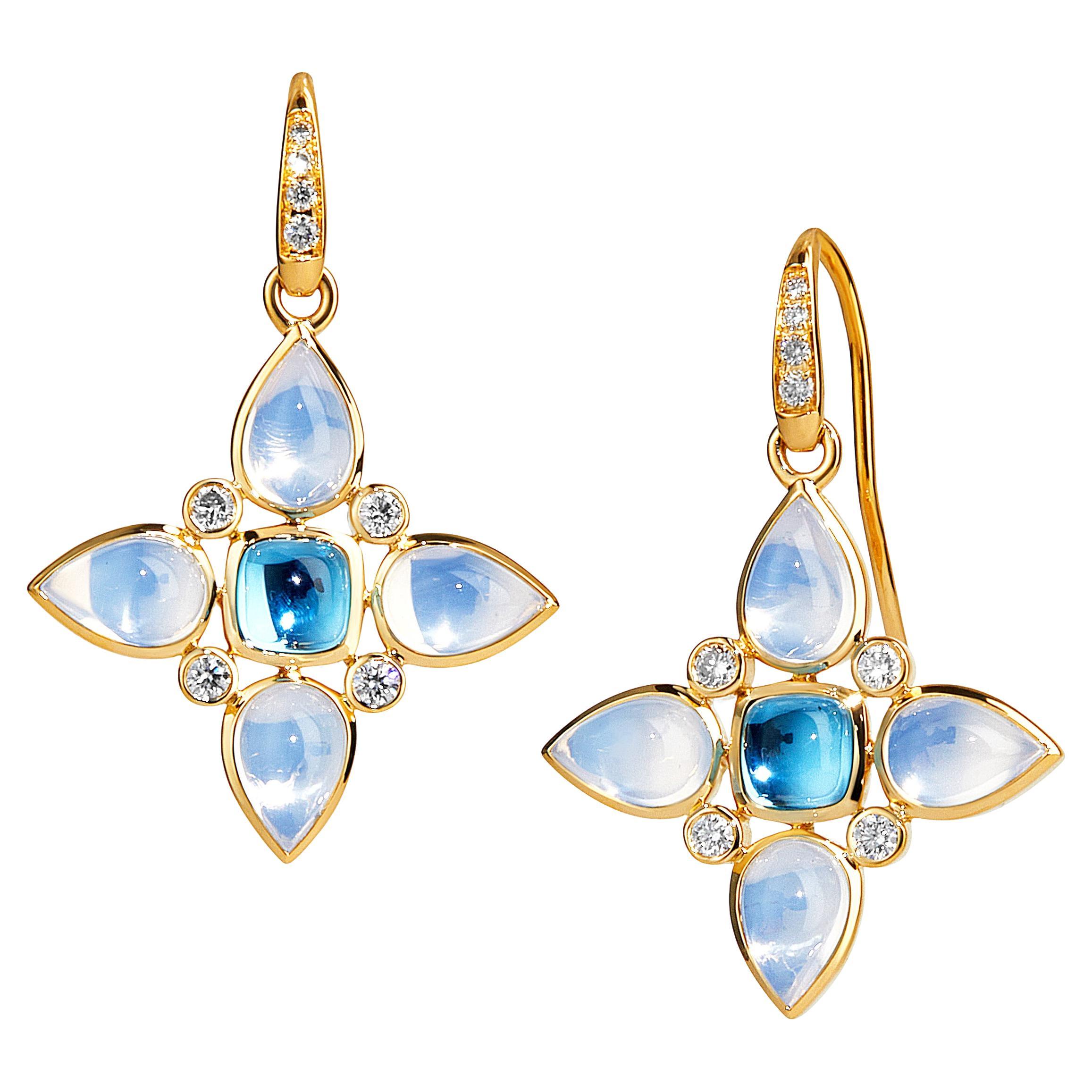 Syna Yellow Gold Moon Quartz, Blue Topaz and Diamonds Flower Earrings