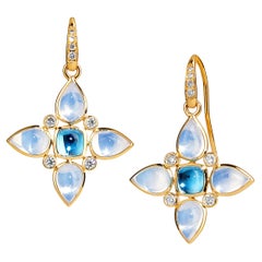 Syna Blumenohrringe aus Gelbgold mit Mondquarz, blauem Topas und Diamanten