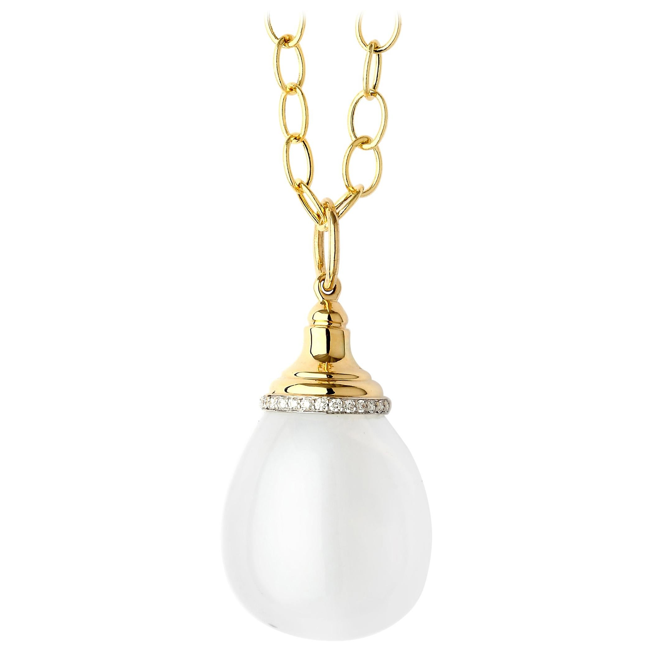 Syna Yellow Gold Moon Quartz Drop Pendant with Diamonds For Sale