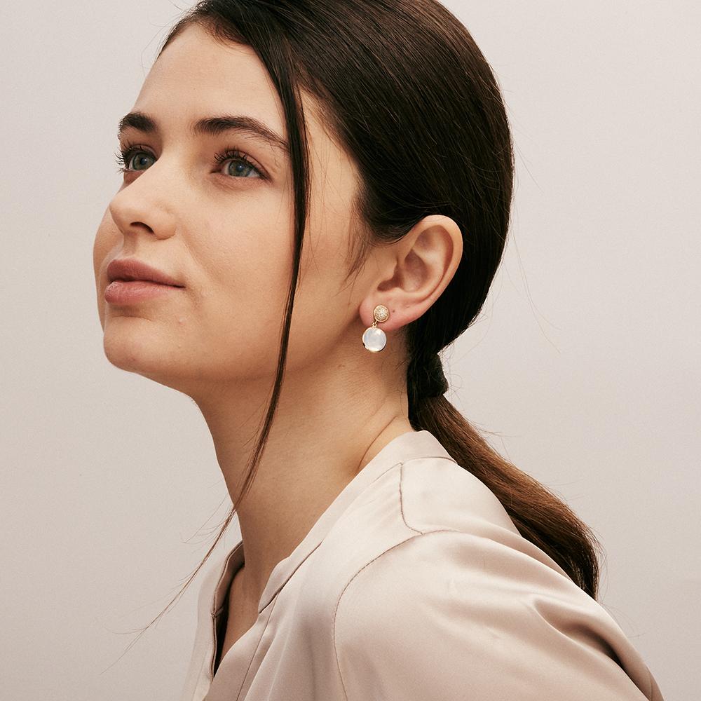 Created in 18 karat yellow gold
Moon quartz 11 carats approx.
Diamonds 0.50 carat approx.
Post back for pierced ears
Limited Edition

Crafted from 18 karat yellow gold, these limited-edition earrings feature 11 carats of moon quartz and 0.5 carats