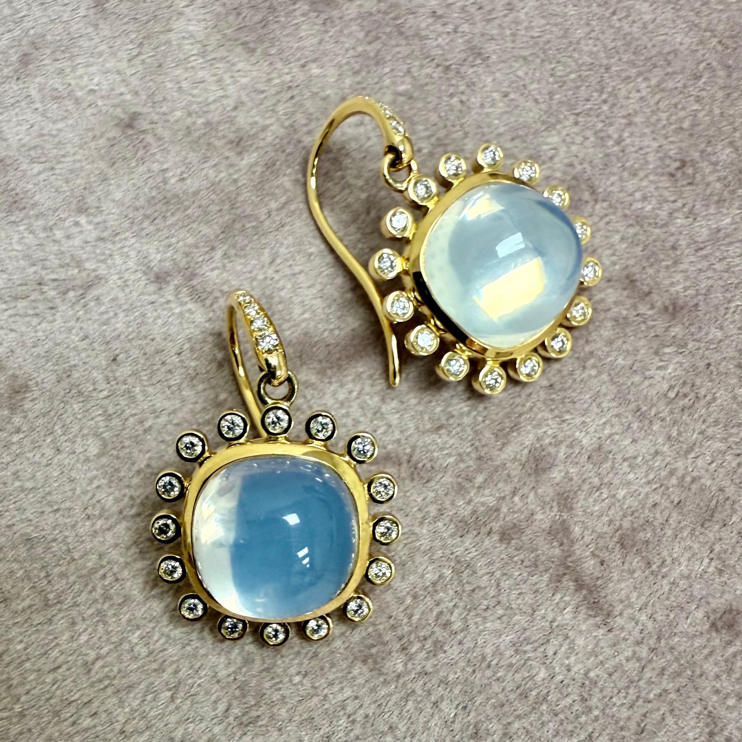 Syna Yellow Gold Moon Quartz Earrings with Diamonds In New Condition For Sale In Fort Lee, NJ