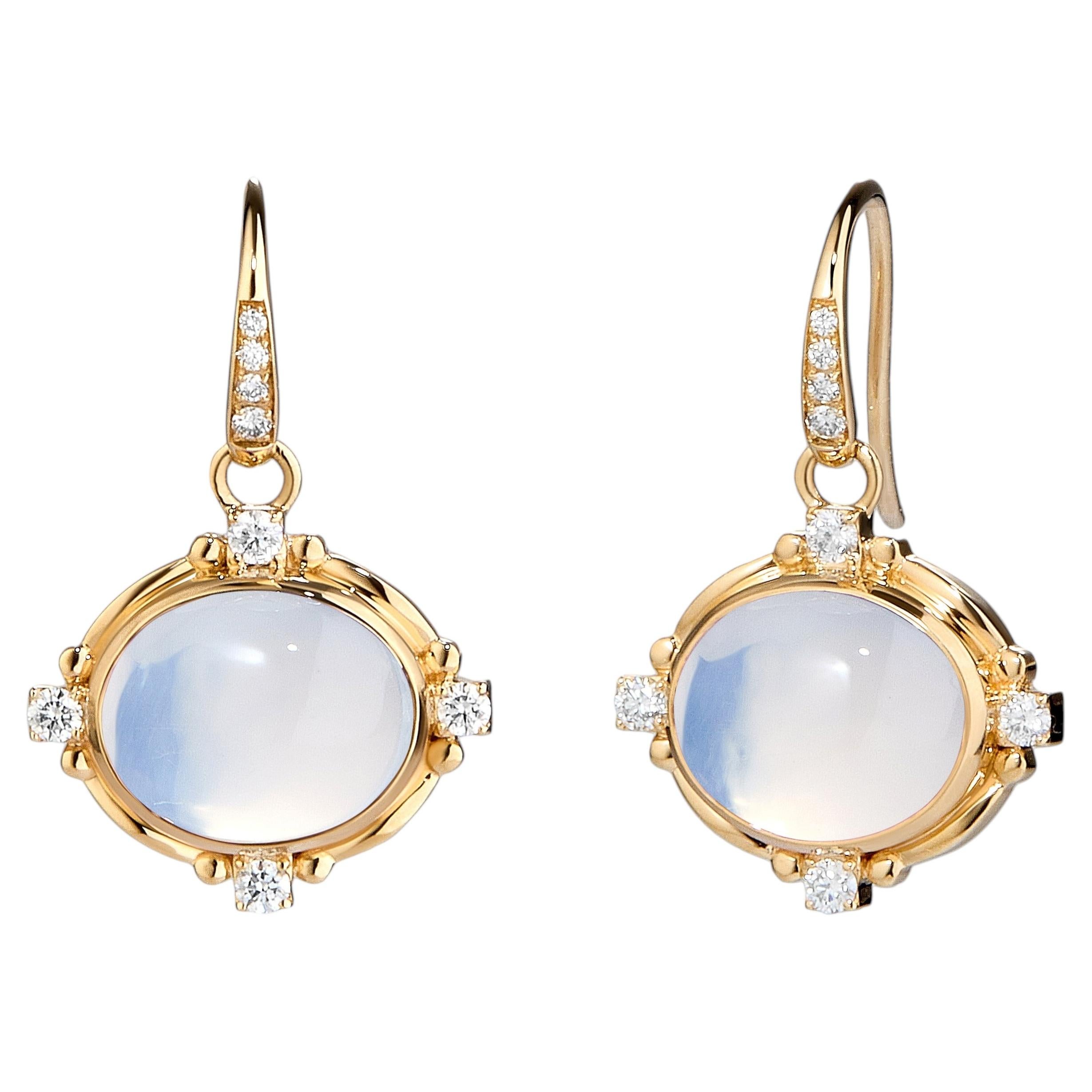 Syna Yellow Gold Moon Quartz Earrings with Diamonds For Sale