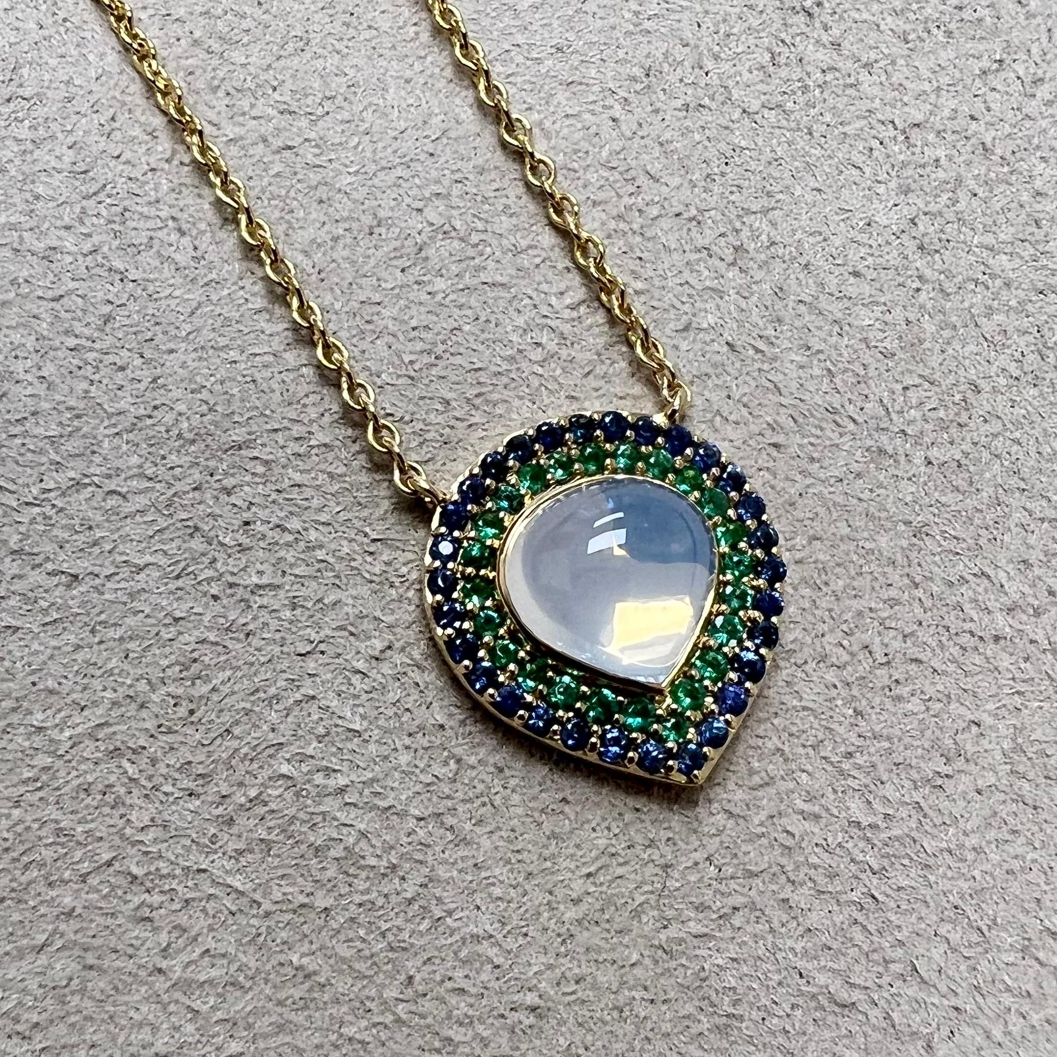 Contemporary Syna Yellow Gold Moon Quartz, Emerald and Blue Sapphire Necklace
